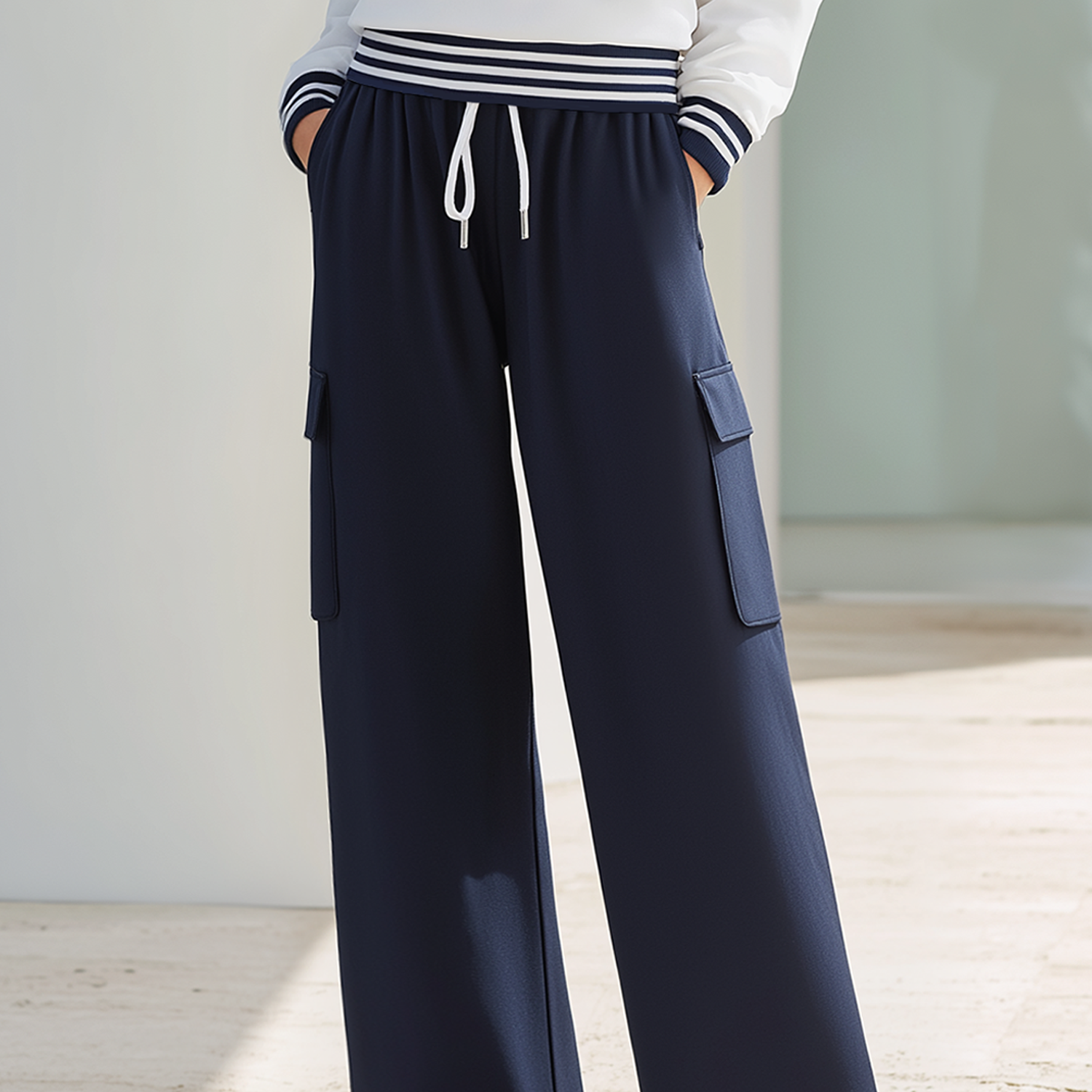 Navy Blue Utility-Style High-Stretch Wide-Leg Pants With Elastic Waist