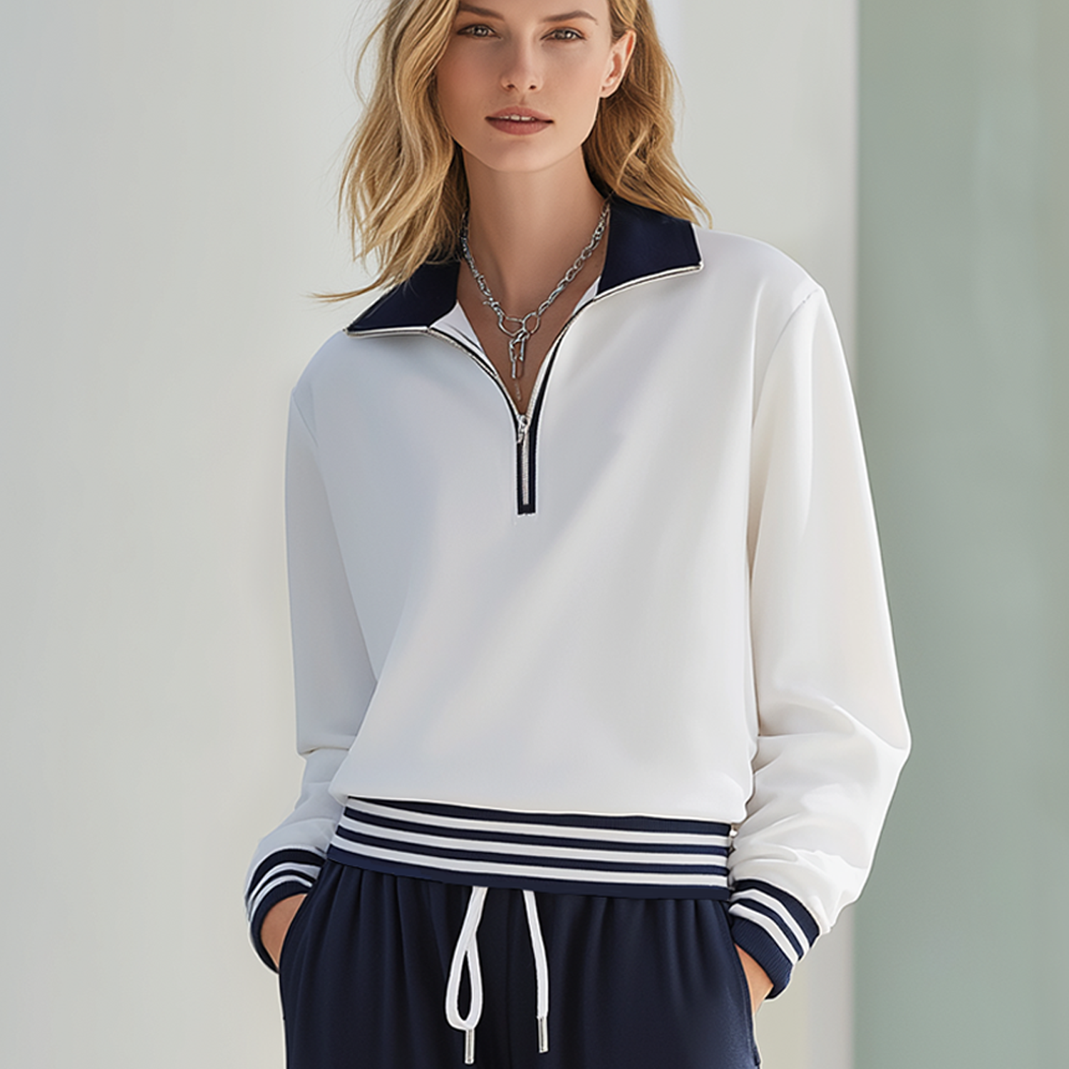 White And Navy Color-block Half-zip Long-sleeve Top