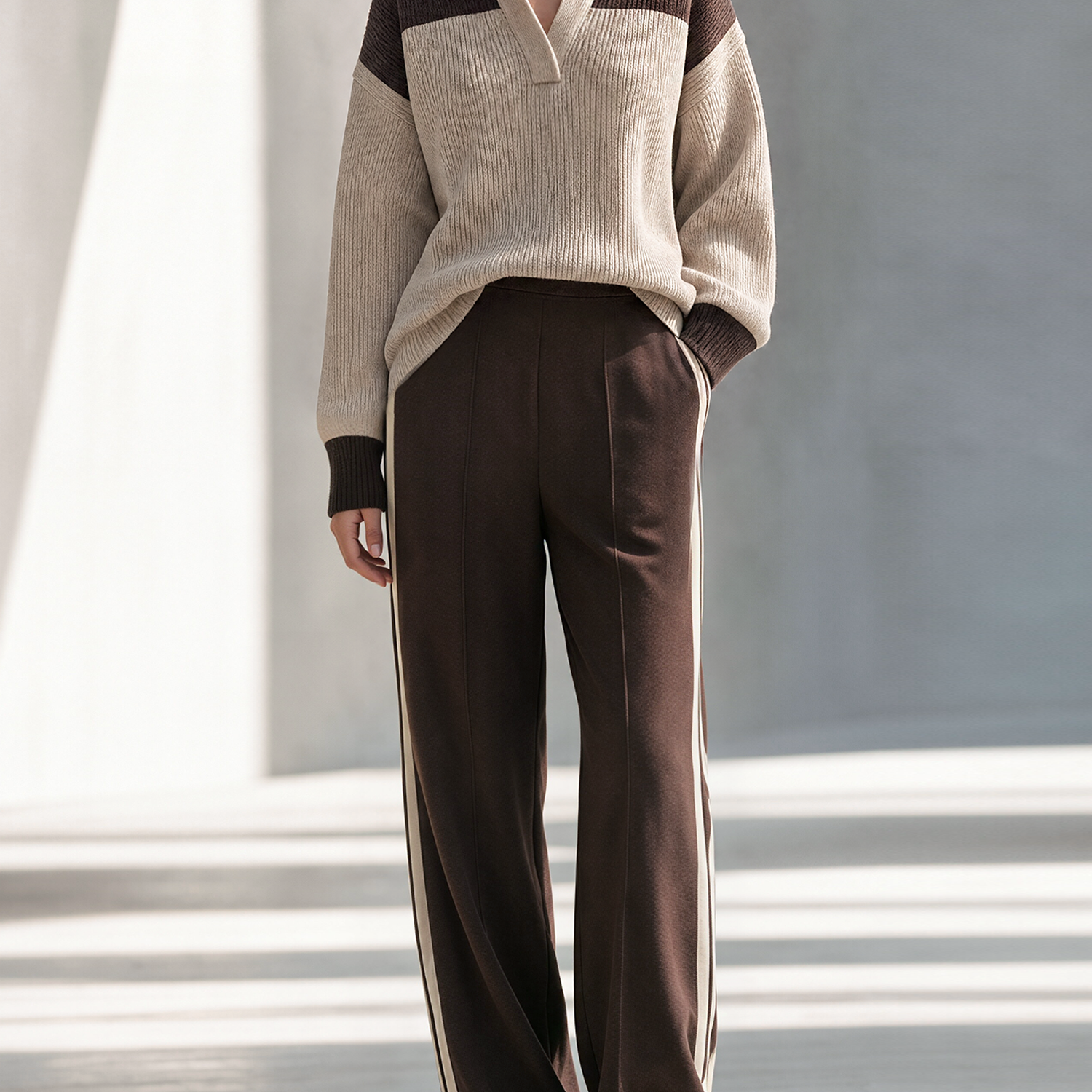 Oatmeal-colored Color-block Knit Polo Shirt And Brown Wide-leg Trousers Set