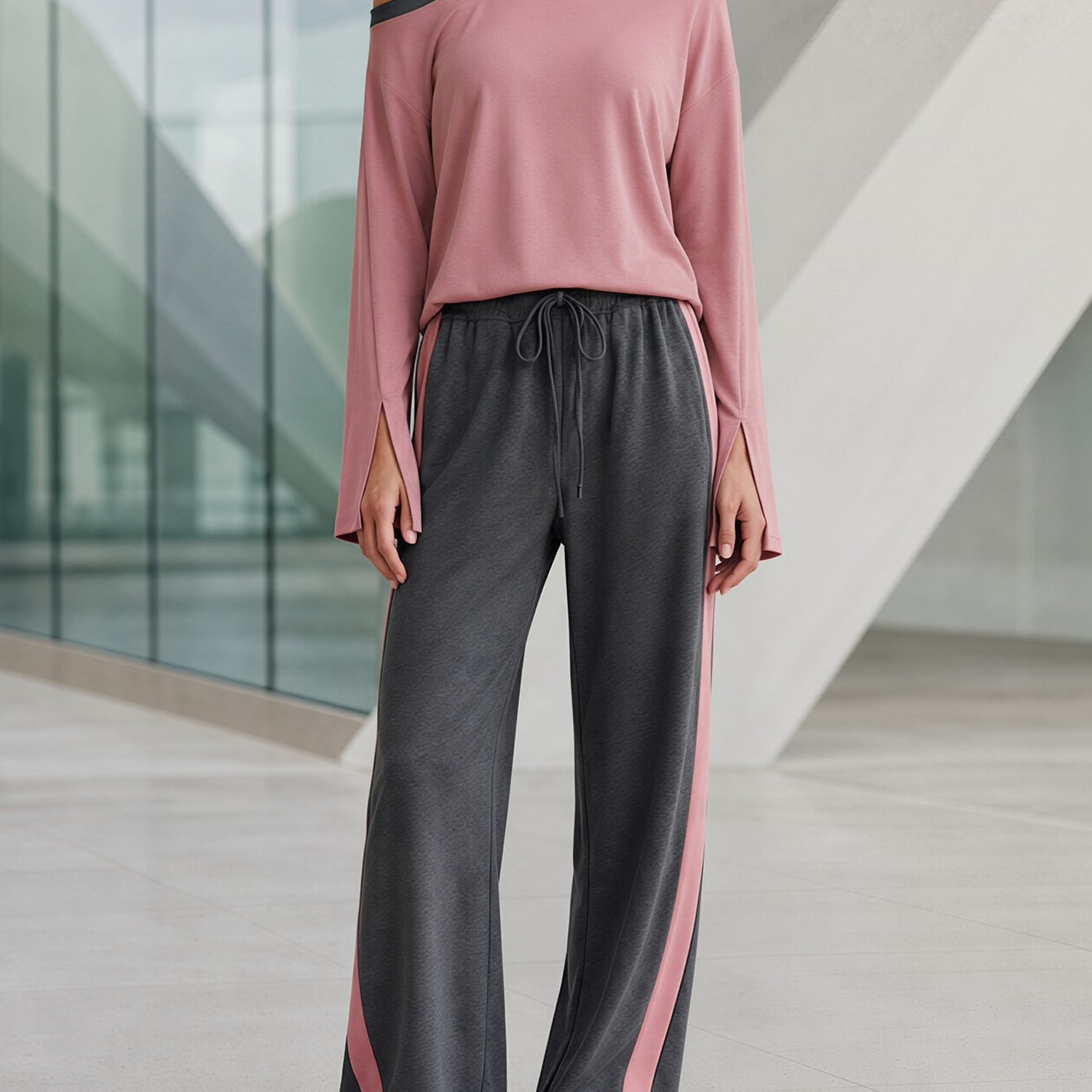 Misty Pink And Dark Gray Cold Shoulder Top & Wide-Leg Pants Set