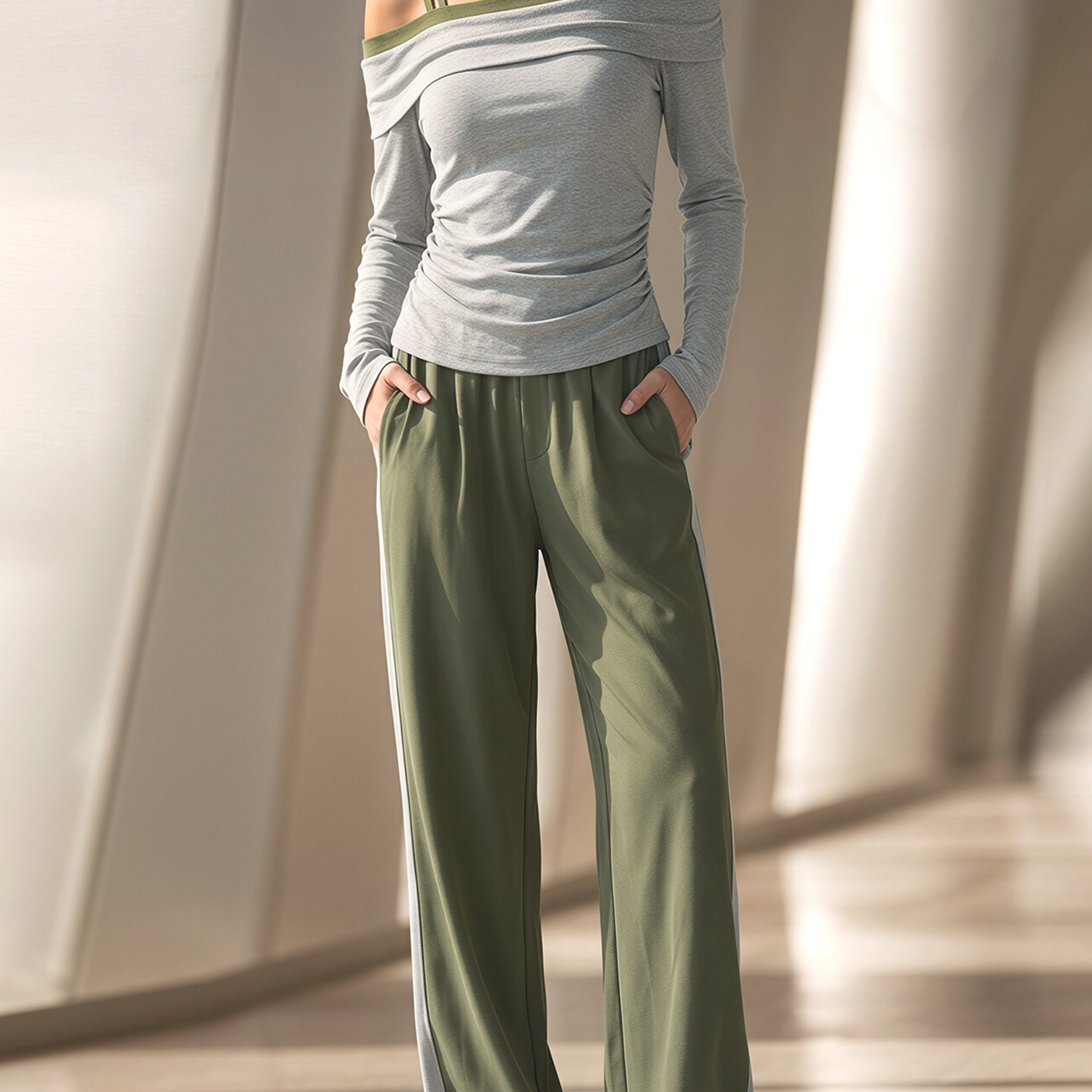 Olive Green And Grey Off-the-shoulder Ruched Top And Wide-leg Trousers Set