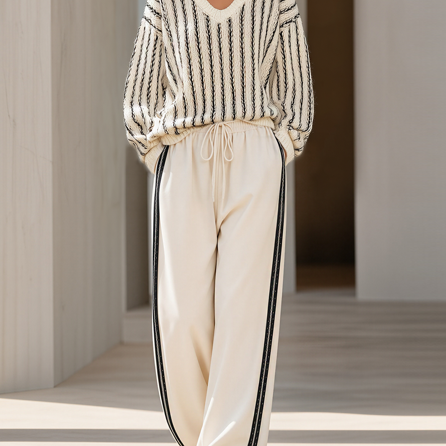 Off-white V-neck Sweater With Contrasting Stripes And Wide-leg Pants Set