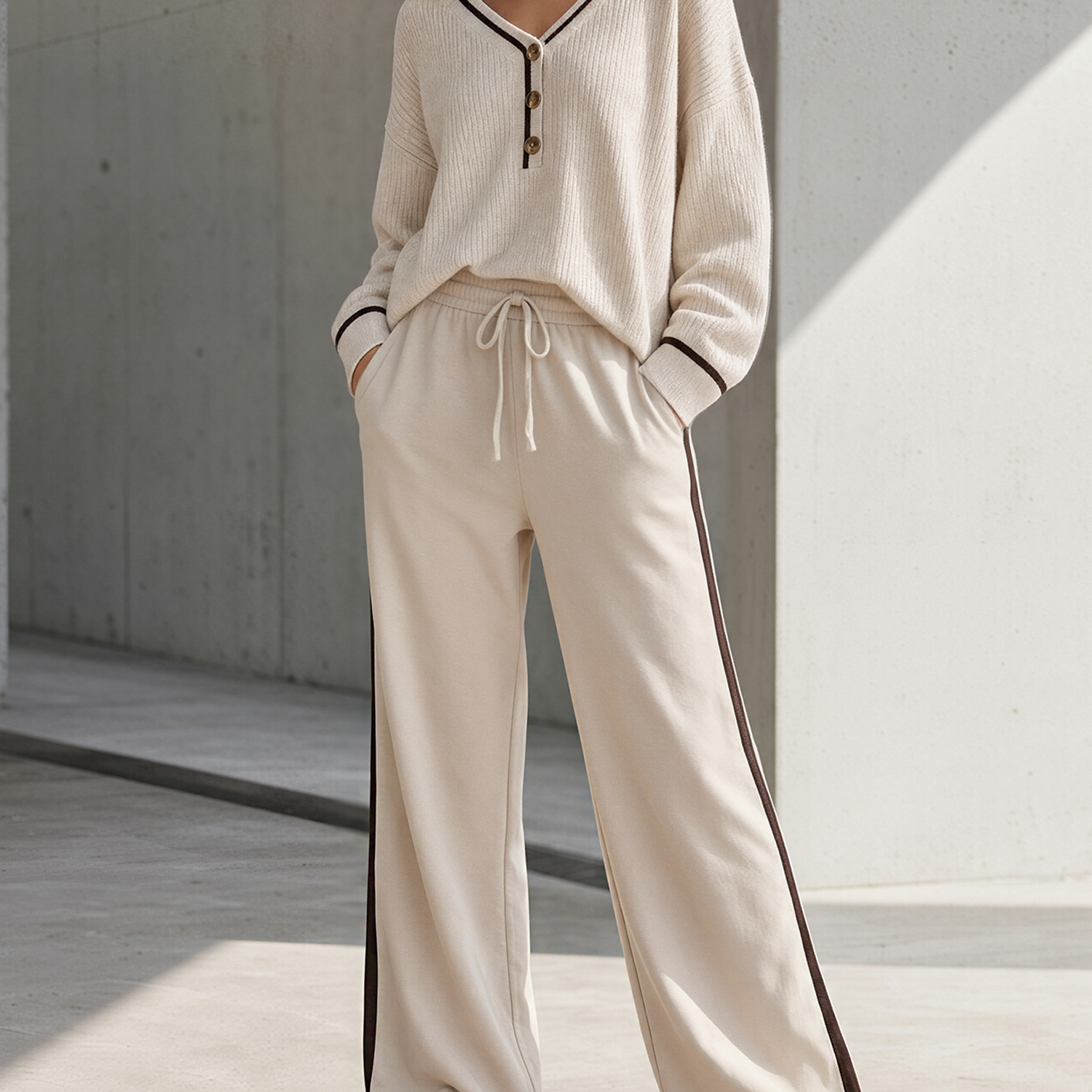 Oatmeal-colored V-neck Sweater And Wide-leg Trousers Set With Color-block Detailing