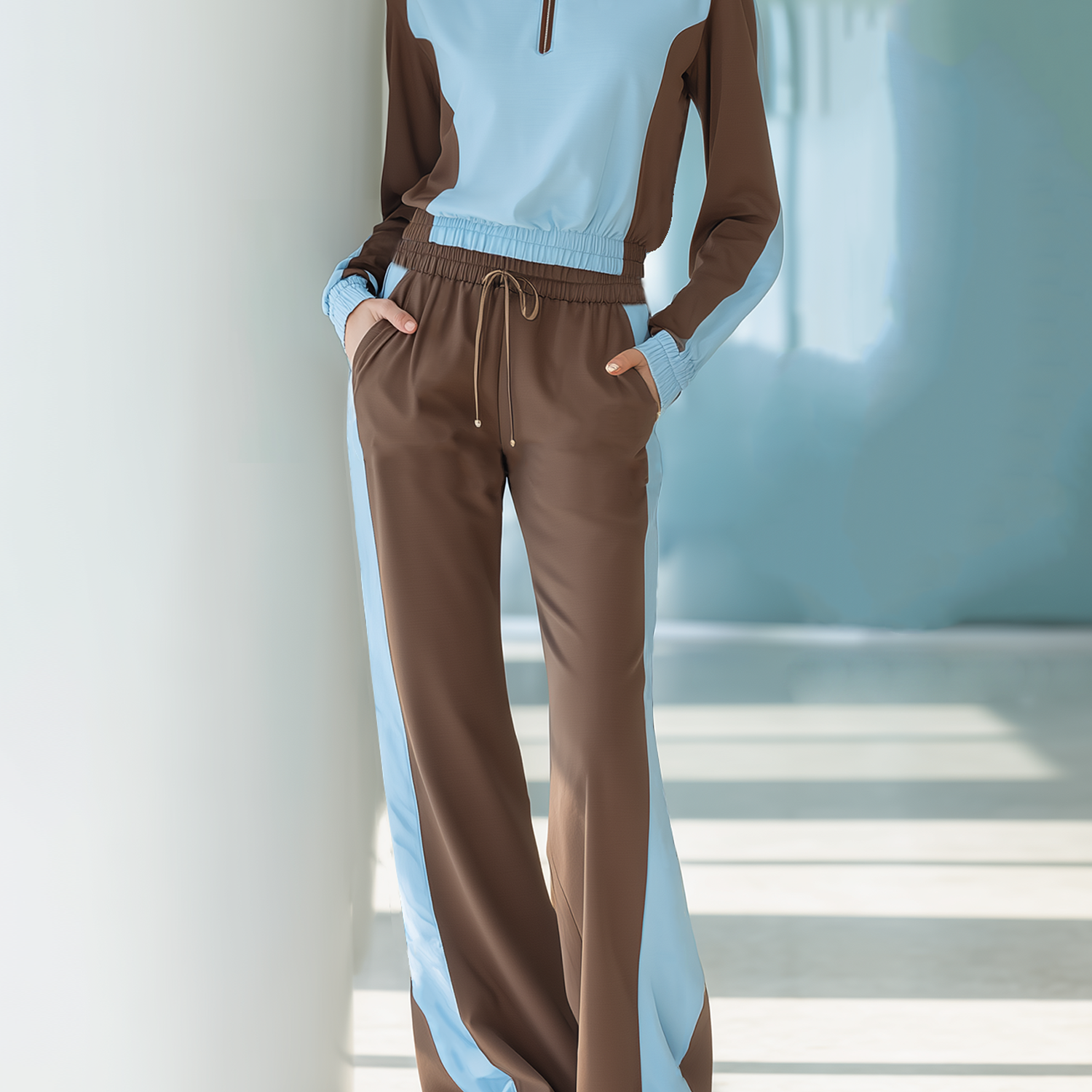 Light Blue And Brown Color Block Embroidered Half-Zip Top And Pants Set
