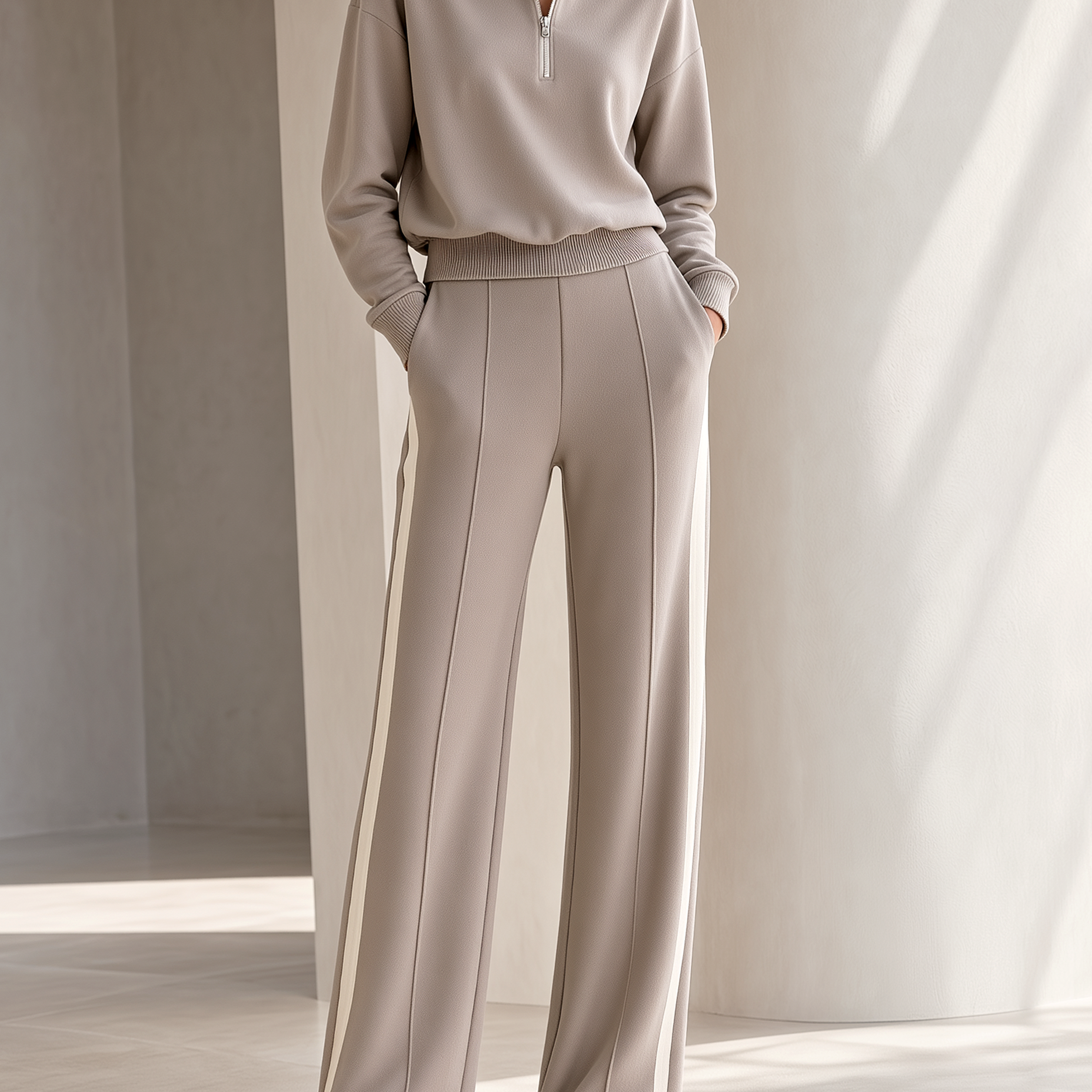 Oatmeal Grey Half-Zip Sweatshirt And Straight-Leg Pants Set