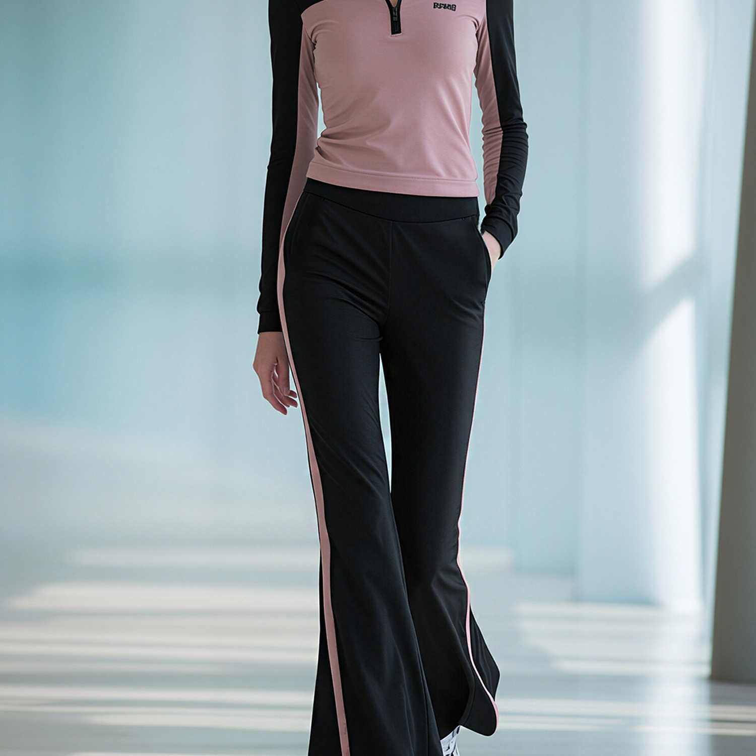 Misty Pink And Black Half-Zip Collar Top & Flare Pants Set