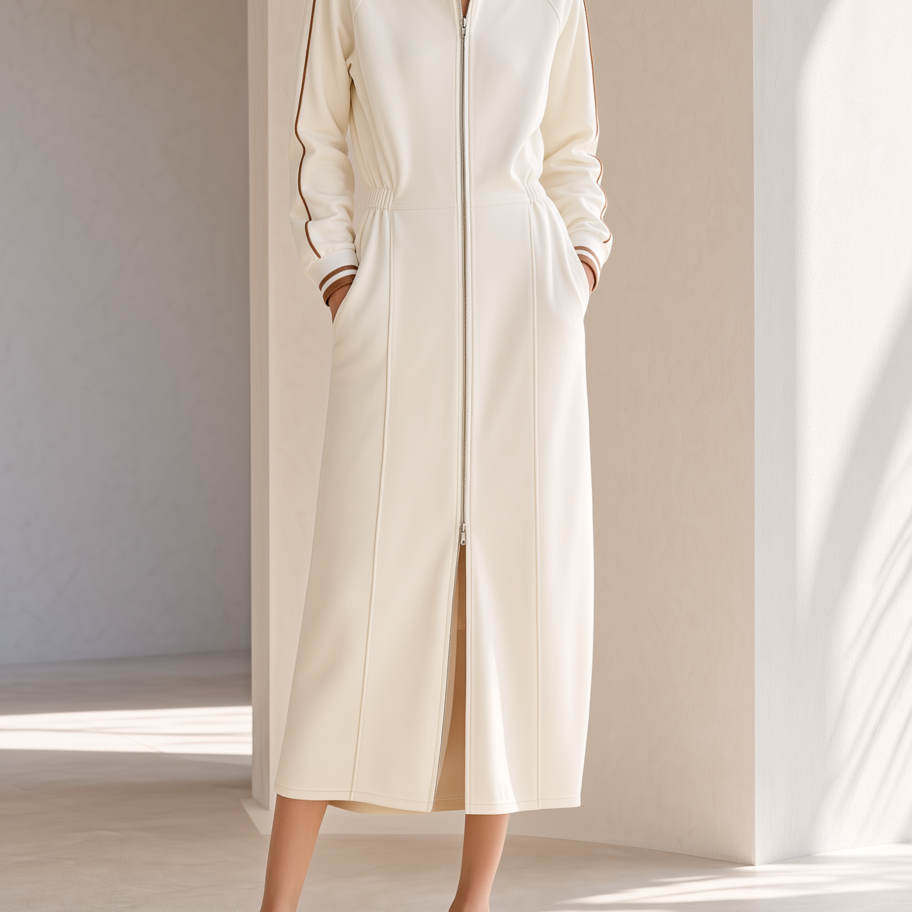 Off-white Stand-collar Zip-front Sweatshirt Dress