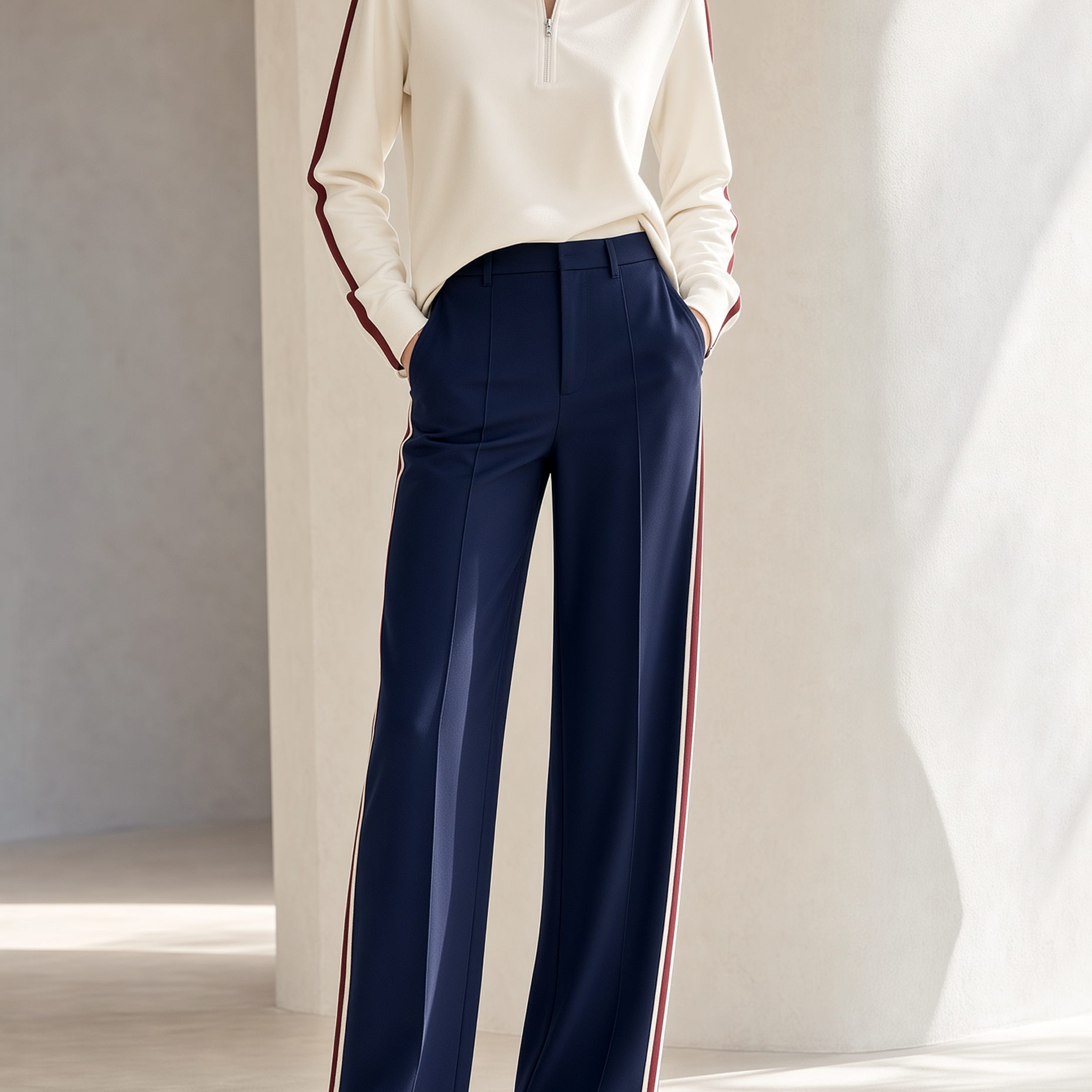 Off-white Color-block Sweatshirt And Navy Wide-leg Trousers Set