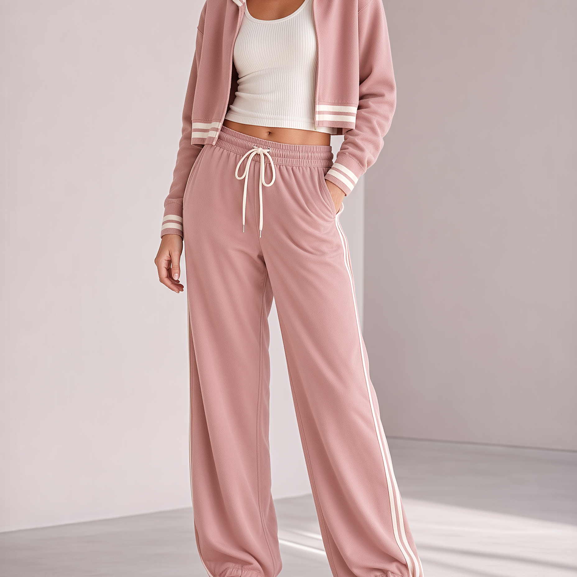 Pink Sailor-collar Jacket And Drawstring Cuffed Sweatpants Set
