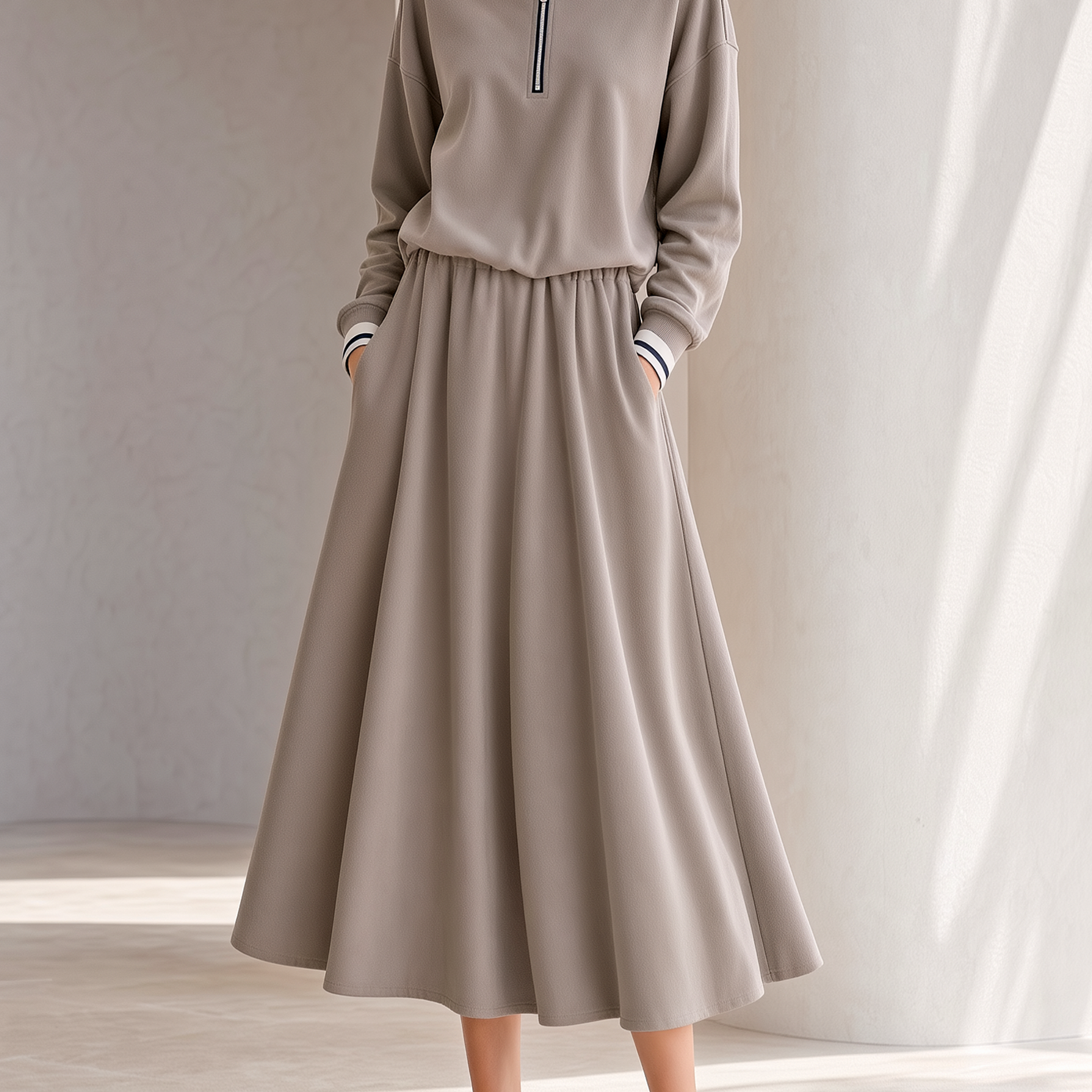 Oatmeal-grey Collared Jacket And Full-skirt Set