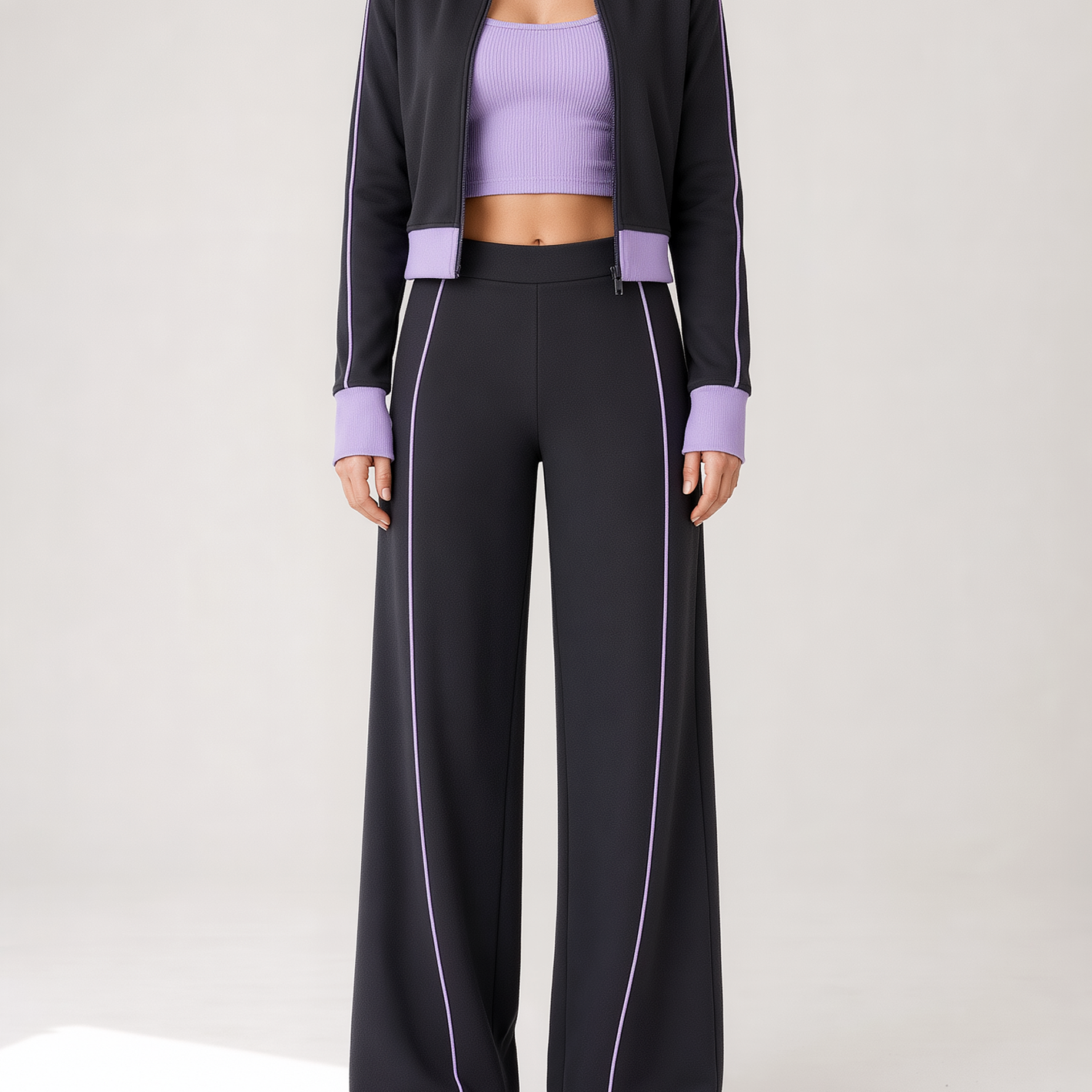 Charcoal And Purple Zip-up Jacket And Wide-leg Trousers Set