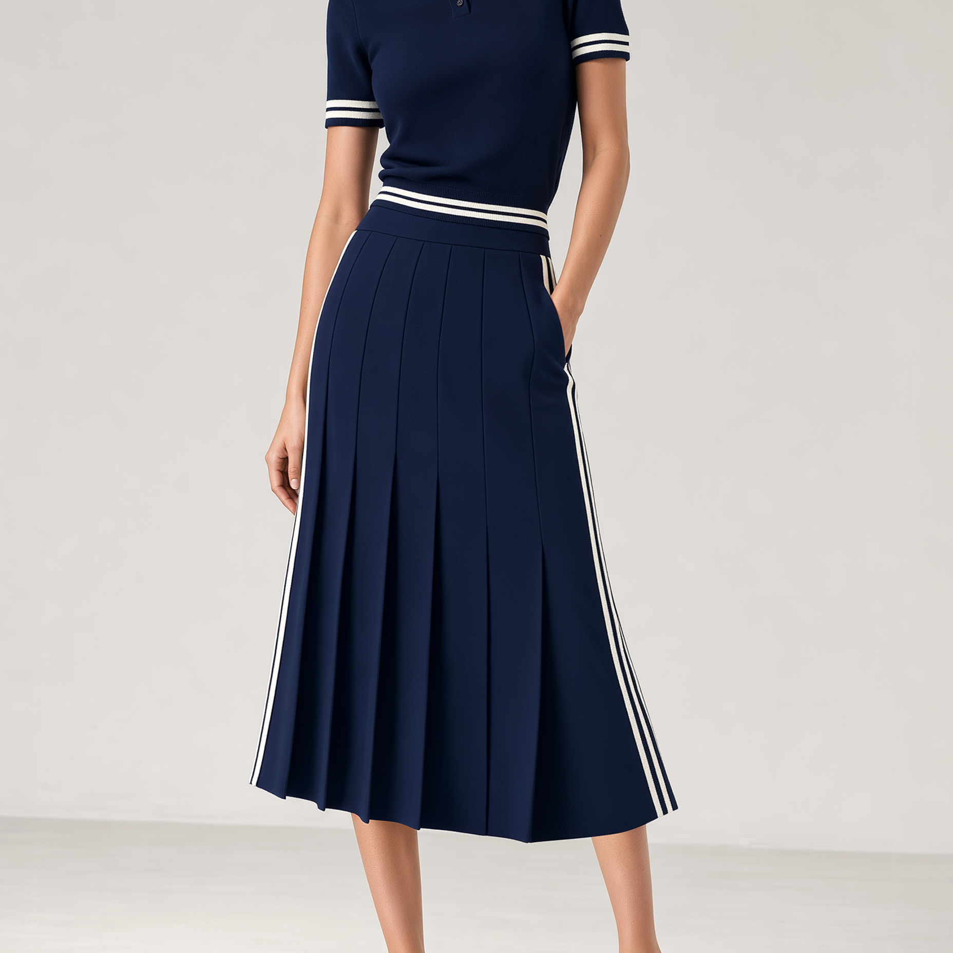 Navy Blue Half-Button Polo Shirt And Pleated Skirt Set