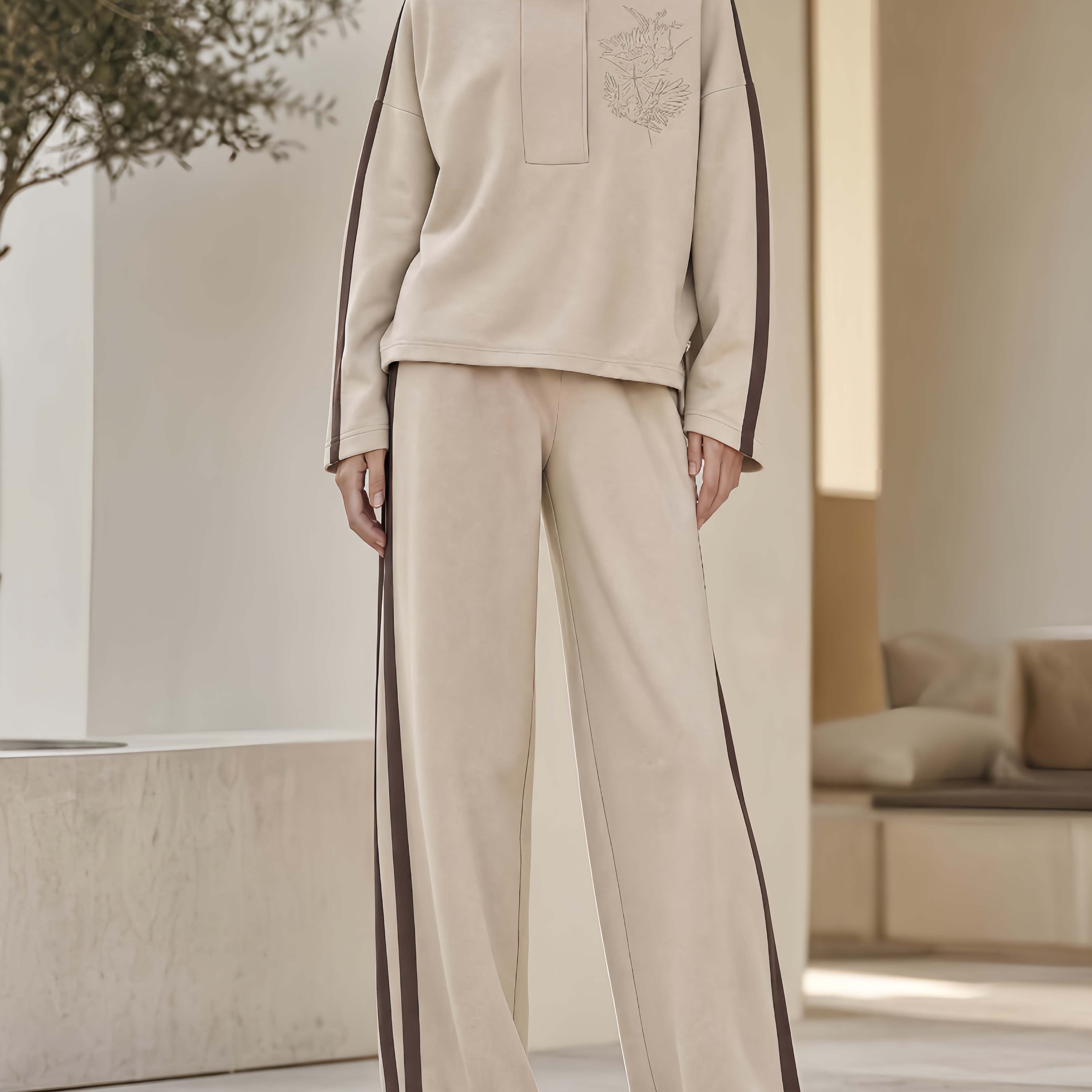 Stylish Casual Khaki Embroidered Long-Sleeve Top And Pants Set