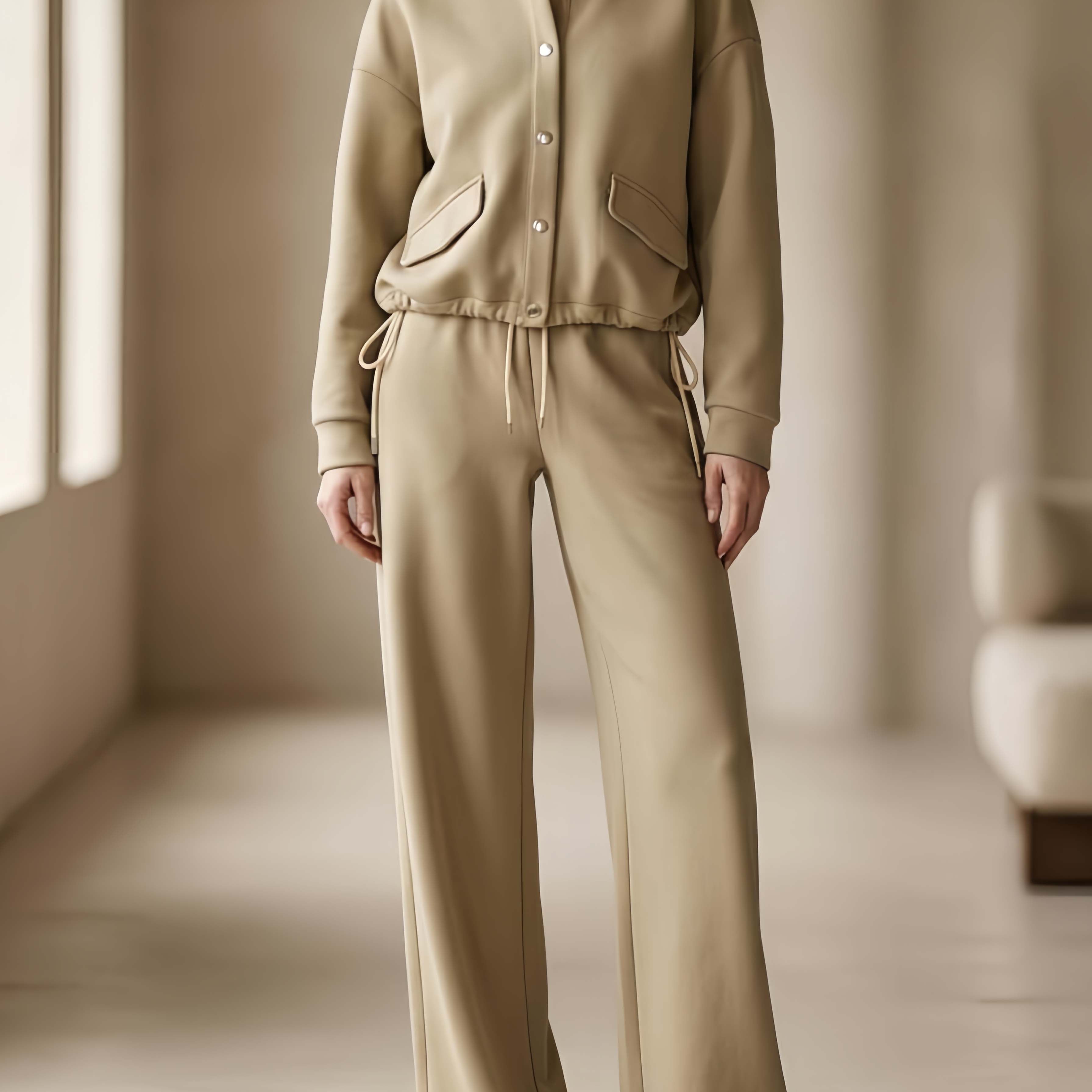Chic Commuter-style Khaki Solid-color Long-sleeved Single-breasted Top And Trousers Set