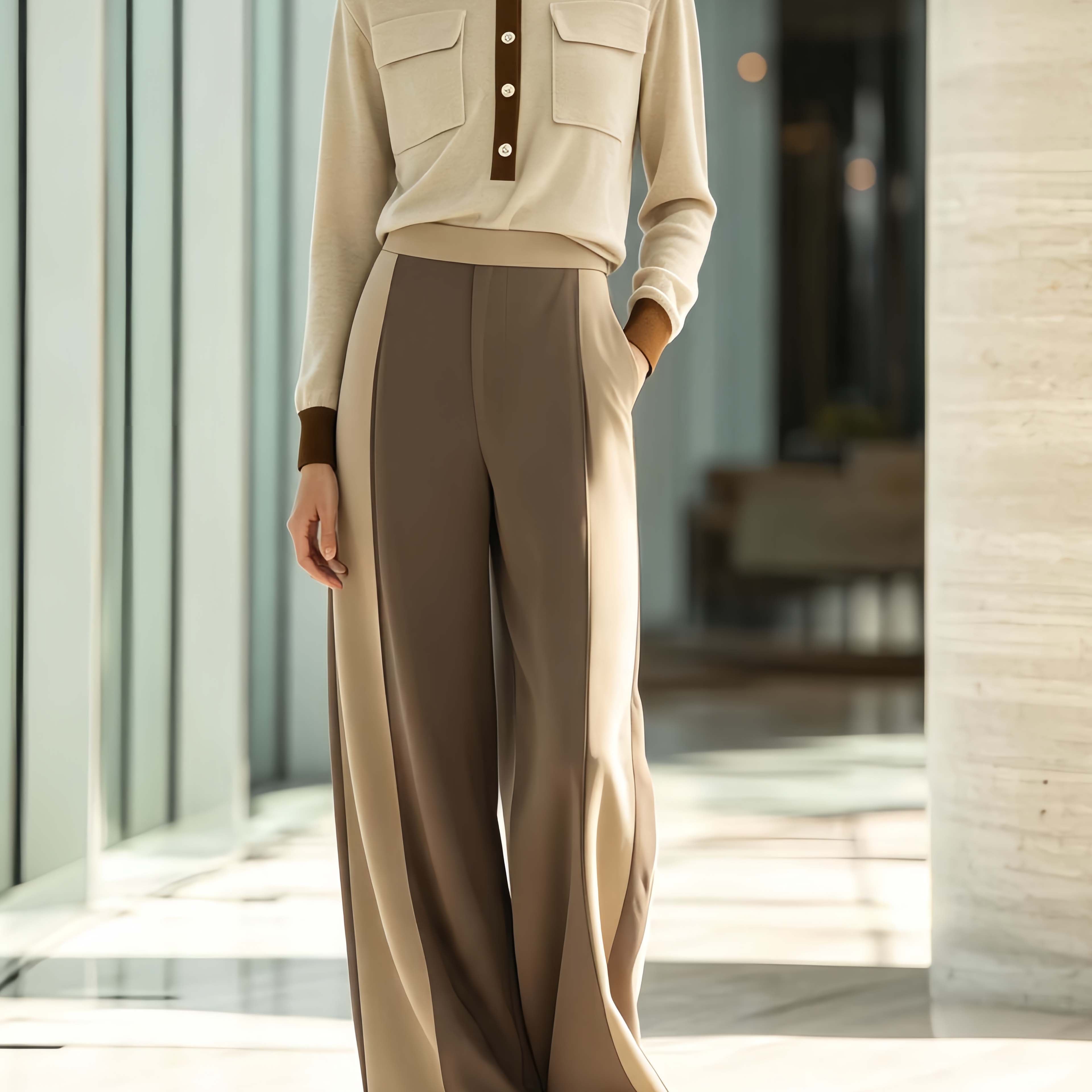 Brown-toned Casual-commuter Set Featuring A Long-sleeved Collared Top And Color-block Trousers