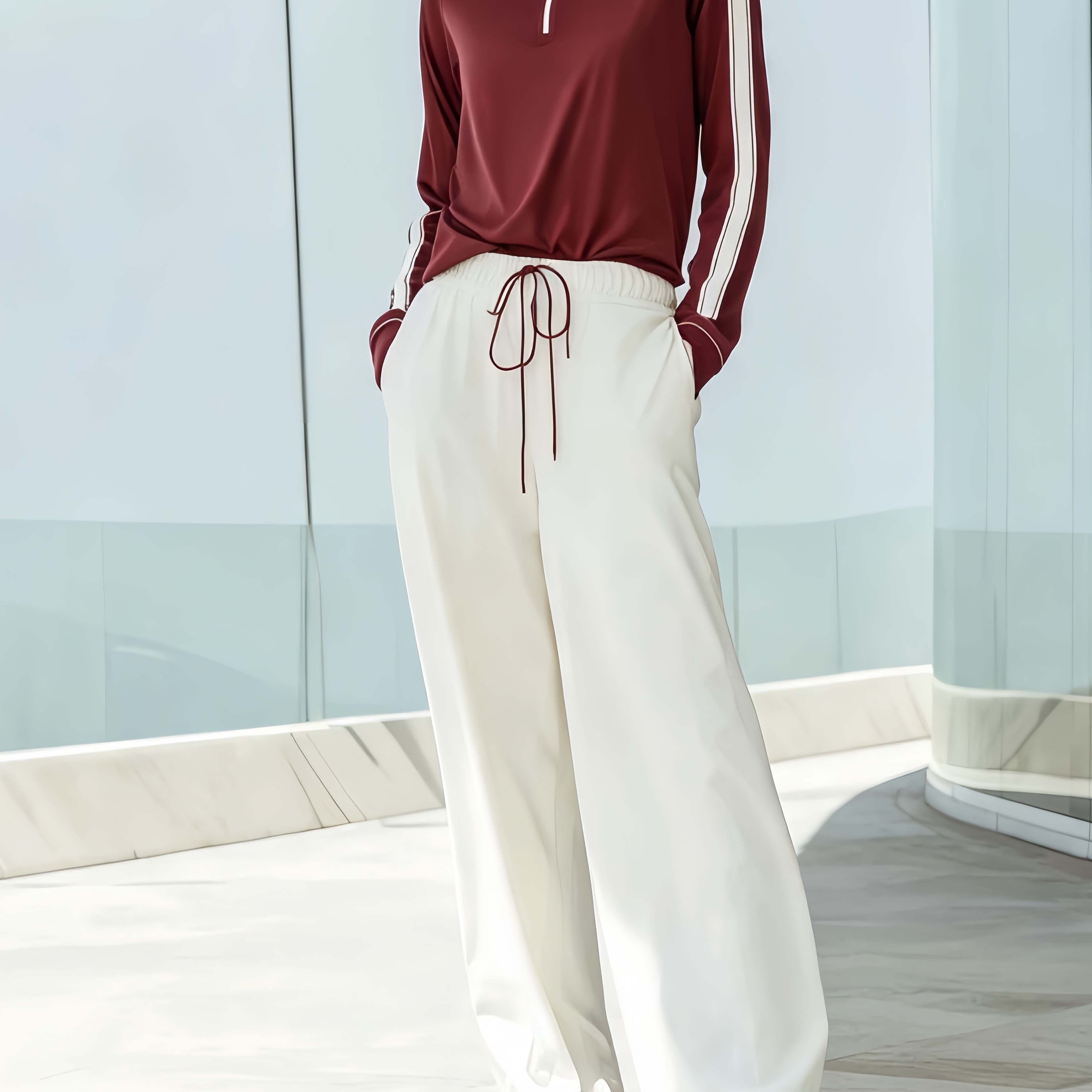 Stylish Sporty Red Long-sleeve Top And White Trousers Casual Set