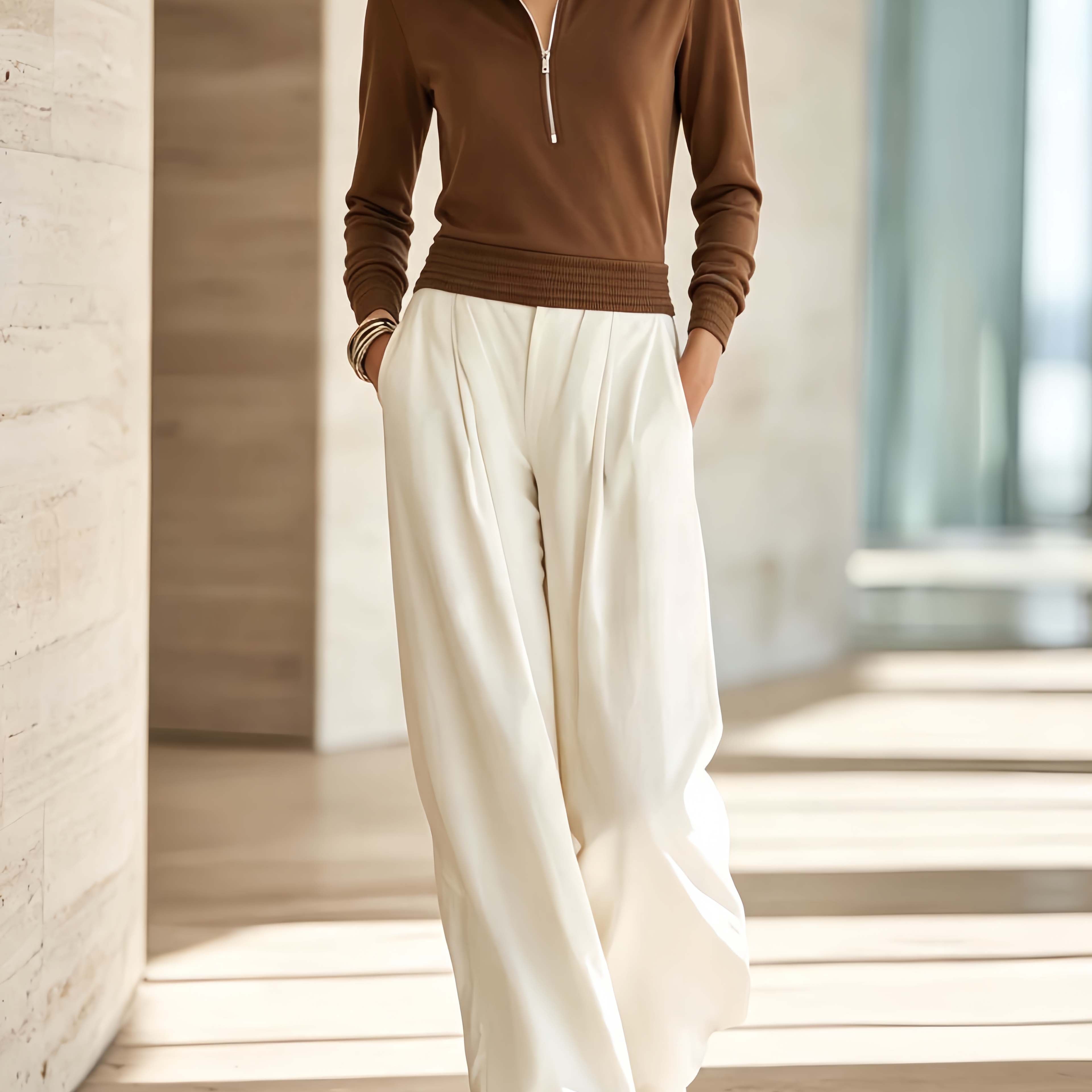 Stylish Casual Set Featuring A Brown Long-sleeved Top With A Zippered Collar And White Trousers