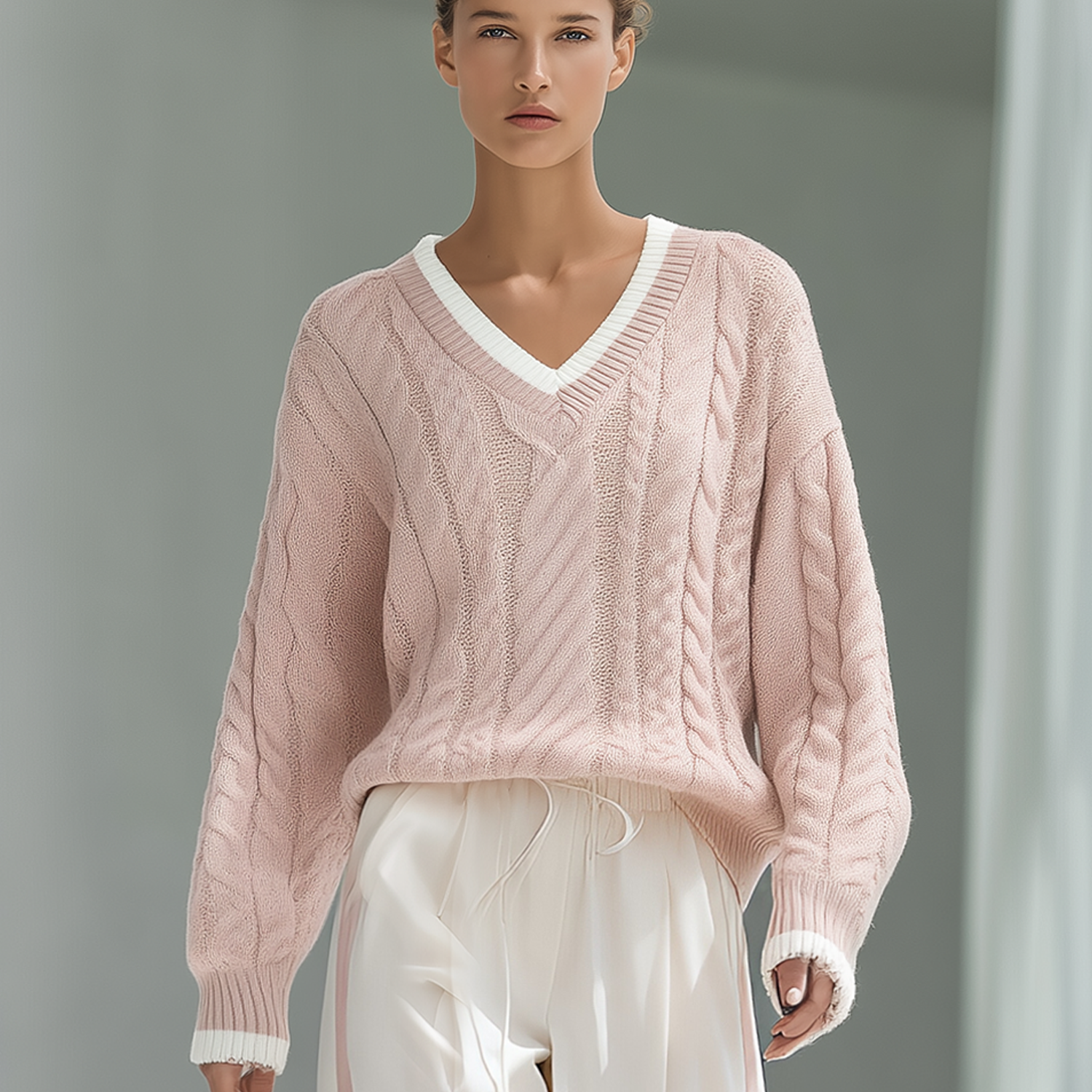 Stylish Pink Color-Block V-Neck Cable-Knit Sweater