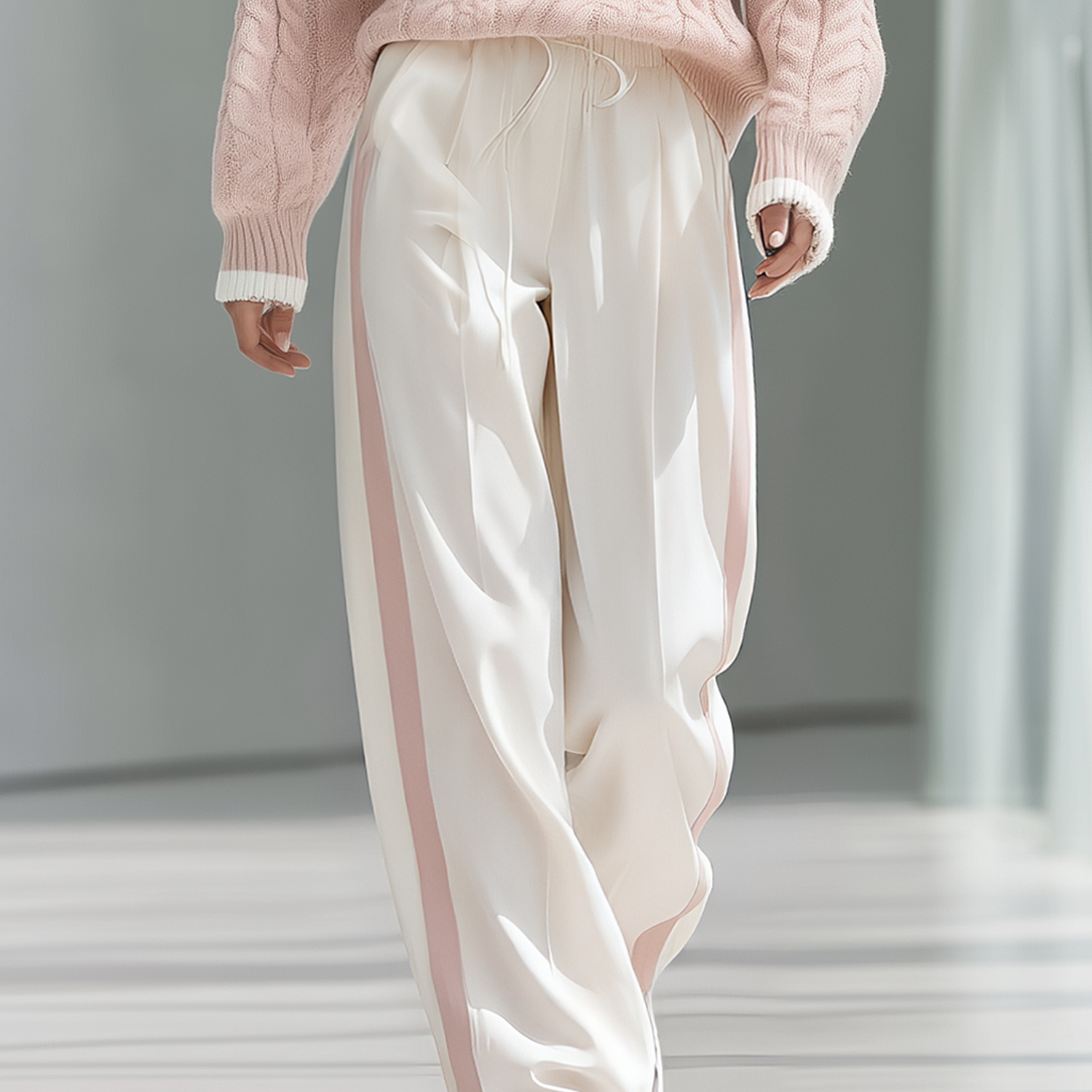 Stylish And Versatile White Wide-leg Trousers With Contrasting Side Stripes