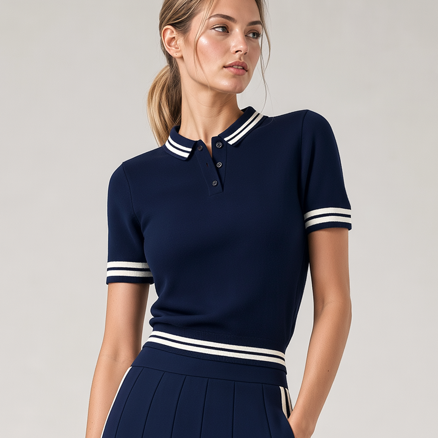Navy Knitted Polo Shirt With Striped Trim