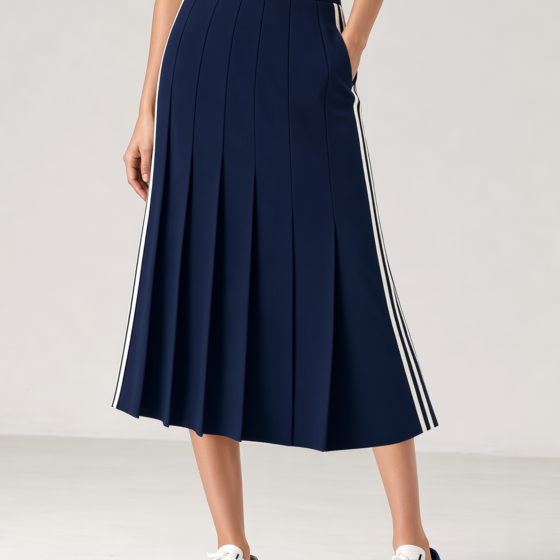 Navy Striped High-waisted Pleated Midi Skirt