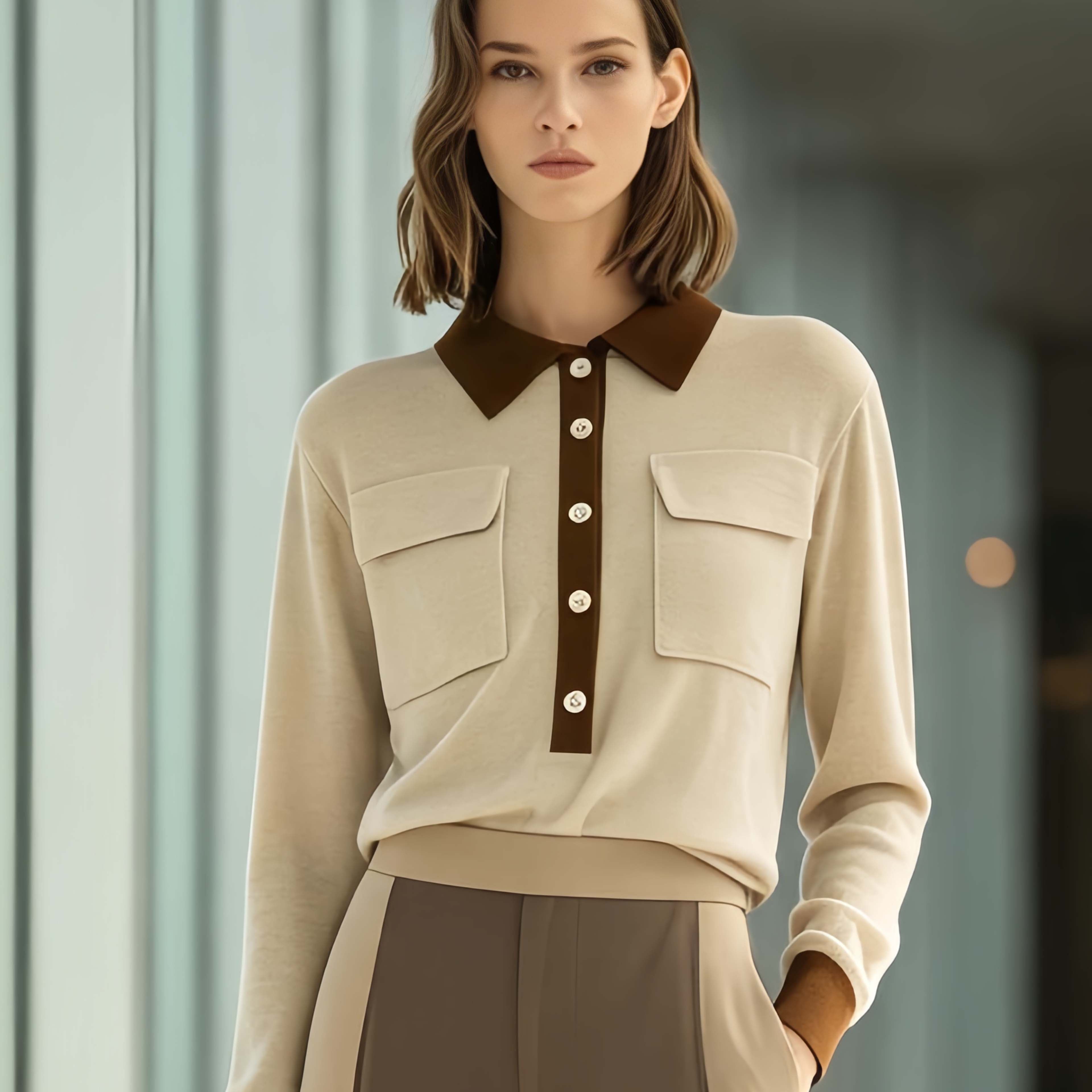 Chic Commuter-style Khaki Color-block Long-sleeve Collared Top