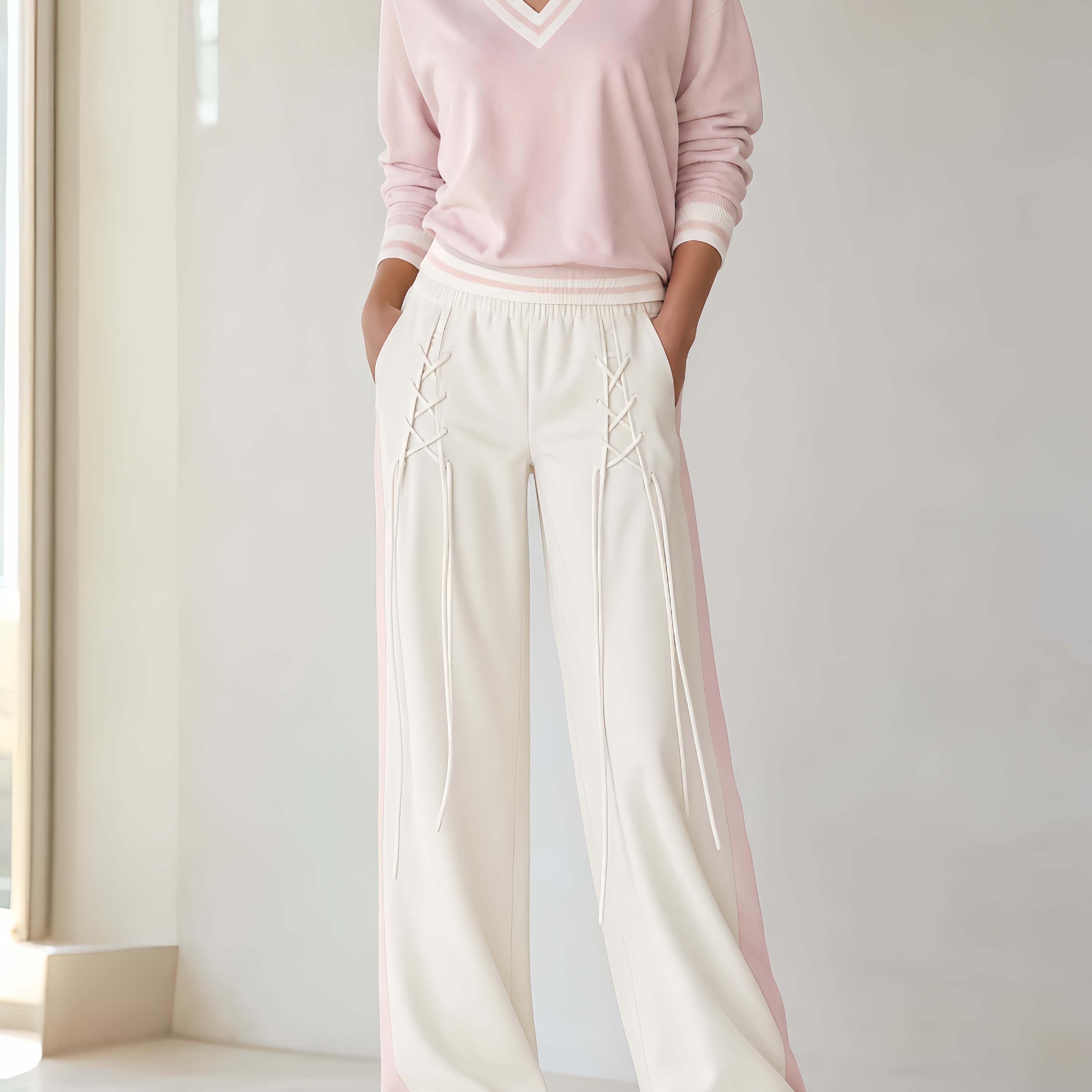 Stylish Casual Pink Color-Block V-Neck Long-Sleeve Top And Lace-Up Trousers Set
