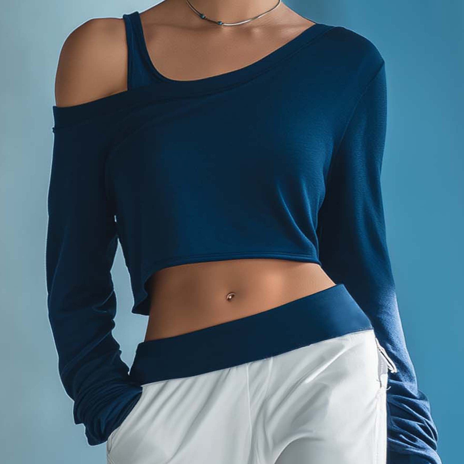 Women's Stylish Casual Dark Blue Off-the-shoulder Top