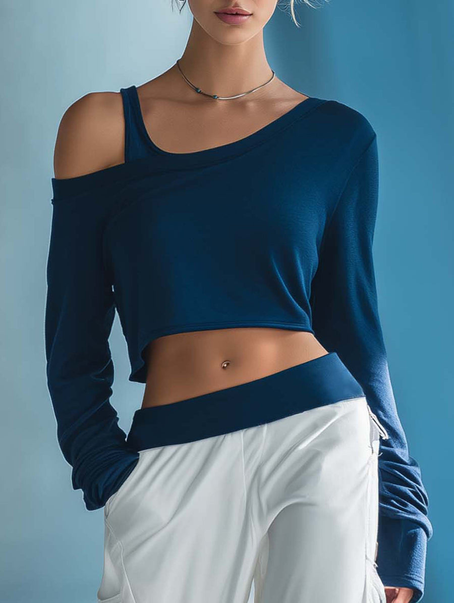 Women's Stylish Casual Dark Blue Off-the-shoulder Top
