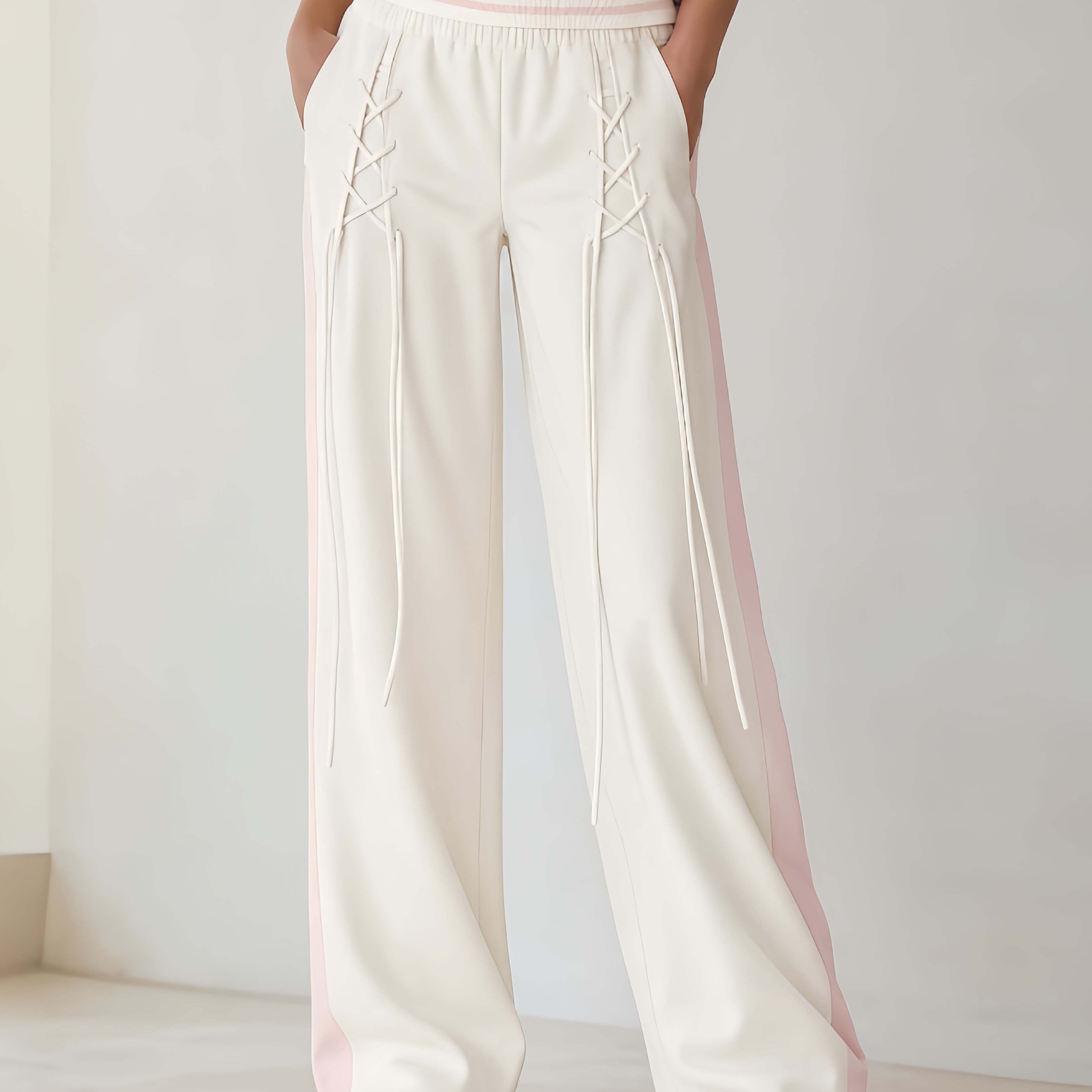 Stylish White Color-block Trousers With Lace-up Detailing—perfect For Commuting