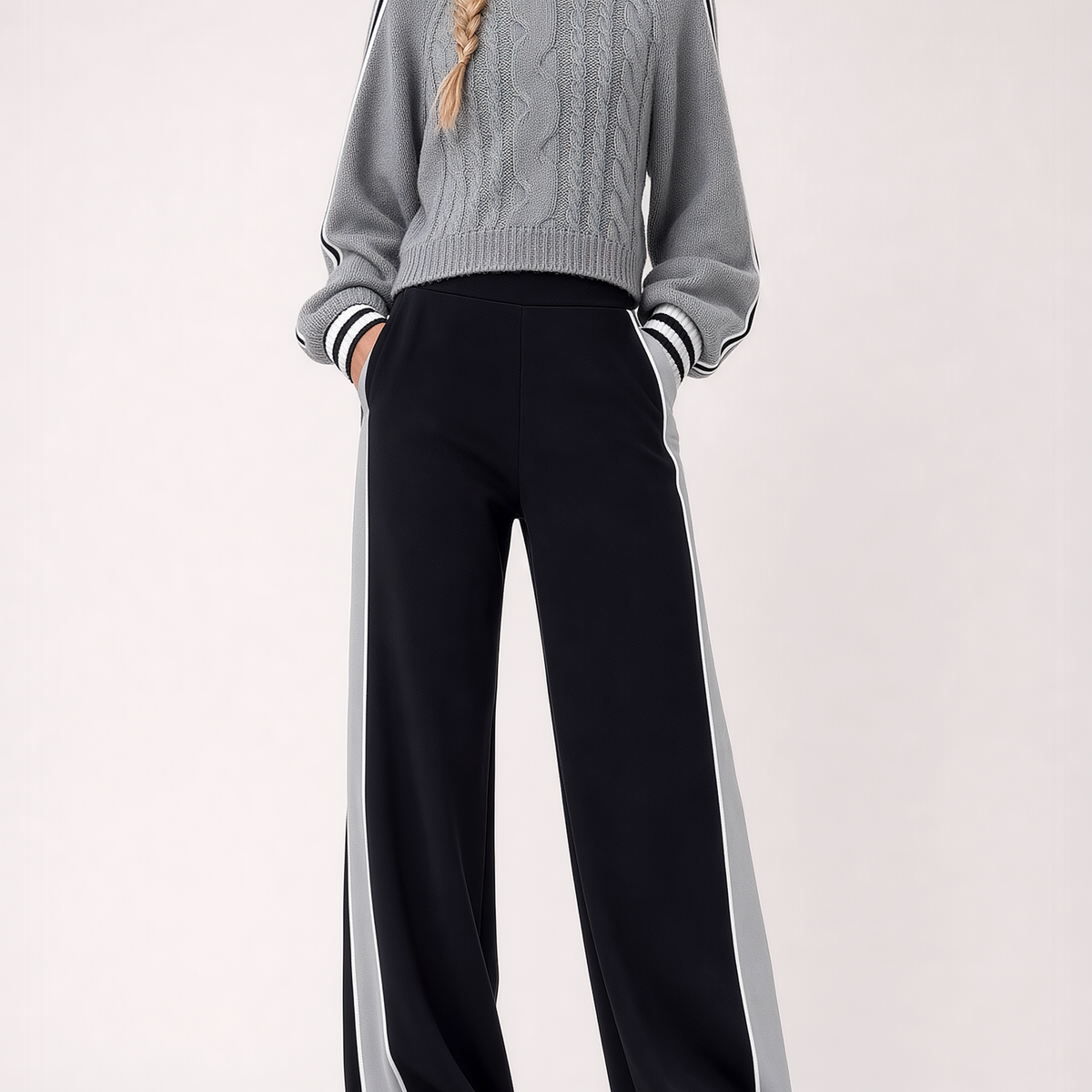 Grey Cable-knit Sweater And Striped Wide-leg Trousers Set