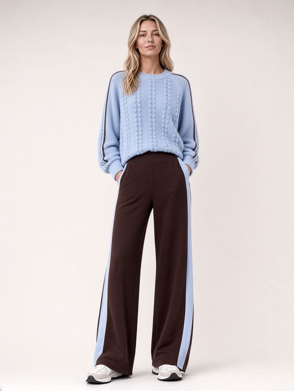 Light Blue Cable Knit Sweater & Brown Wide Leg Pants 2 Piece Set