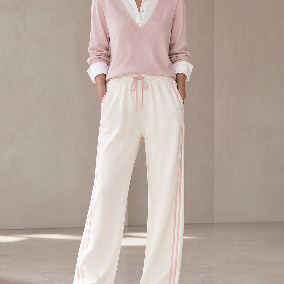 Pink Color-block Patchwork Mock Two‑Piece Sweatshirt And Side-stripe Wide-leg Pants Set