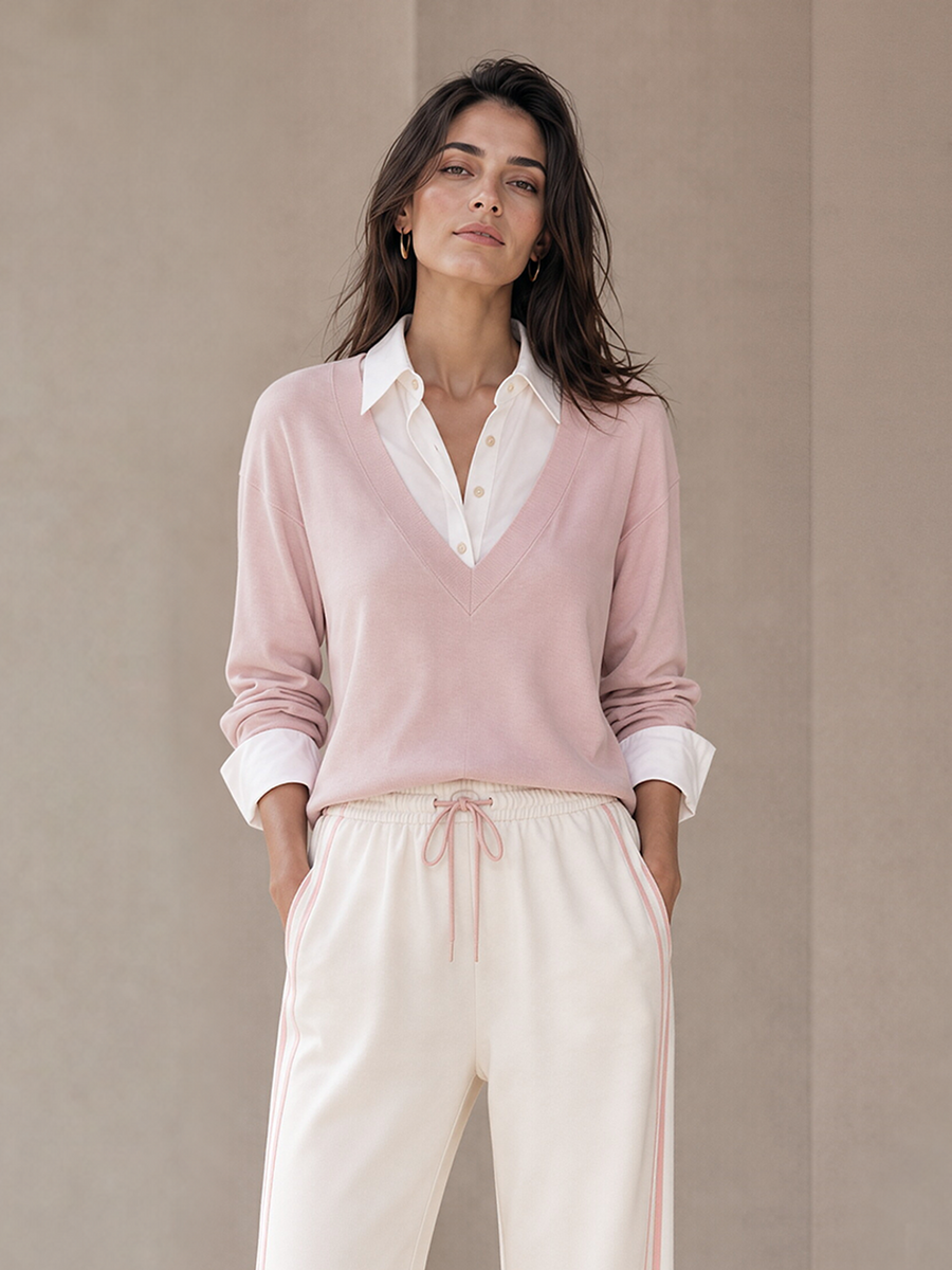 Fashionable Casual Pink Color-block Patchwork Mock Two‑Piece Sweatshirt