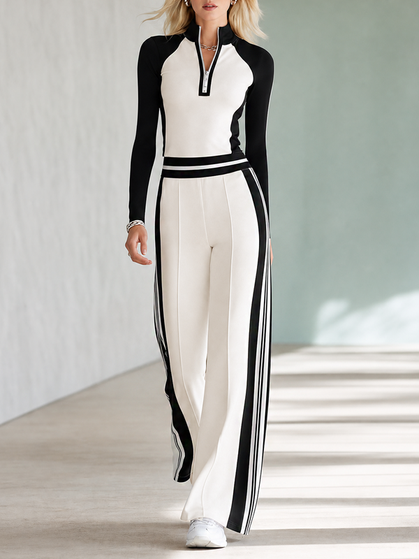 Black And White Color-block Half-zip Raglan-sleeve Top And Trousers Set