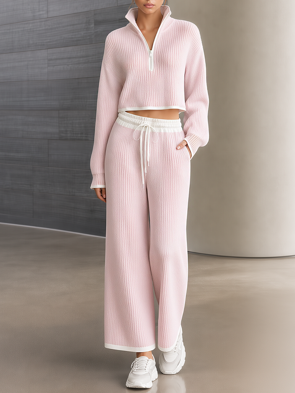 Pink Color-block Cropped Half-zip Mock-neck Knit Top And Wide-leg Pants Set