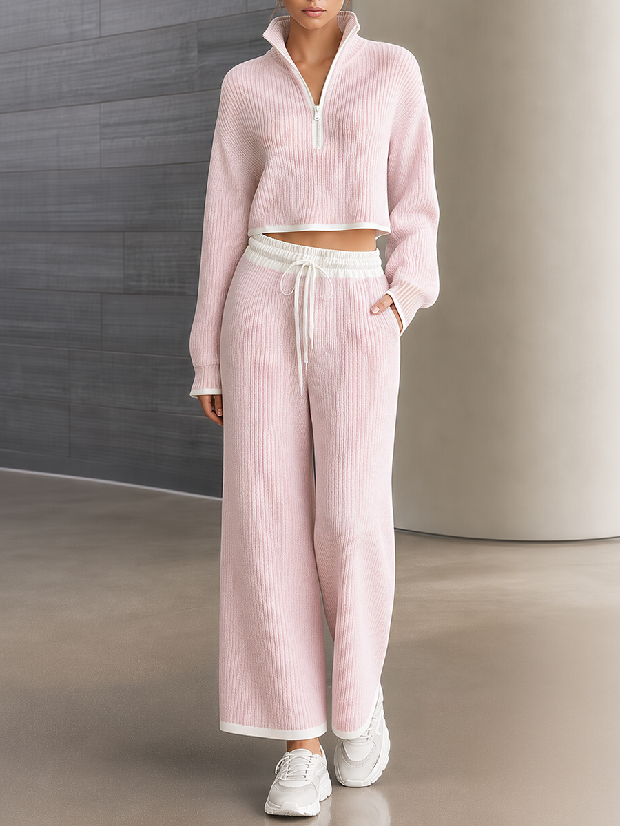 Pink Color-block Cropped Half-zip Mock-neck Knit Top And Wide-leg Pants Set