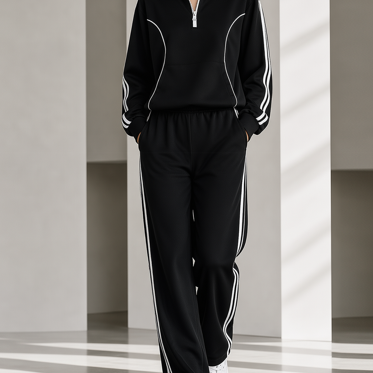 Black Color-Block Striped Loose Casual Sportswear Set With Half-Zip Stand Collar