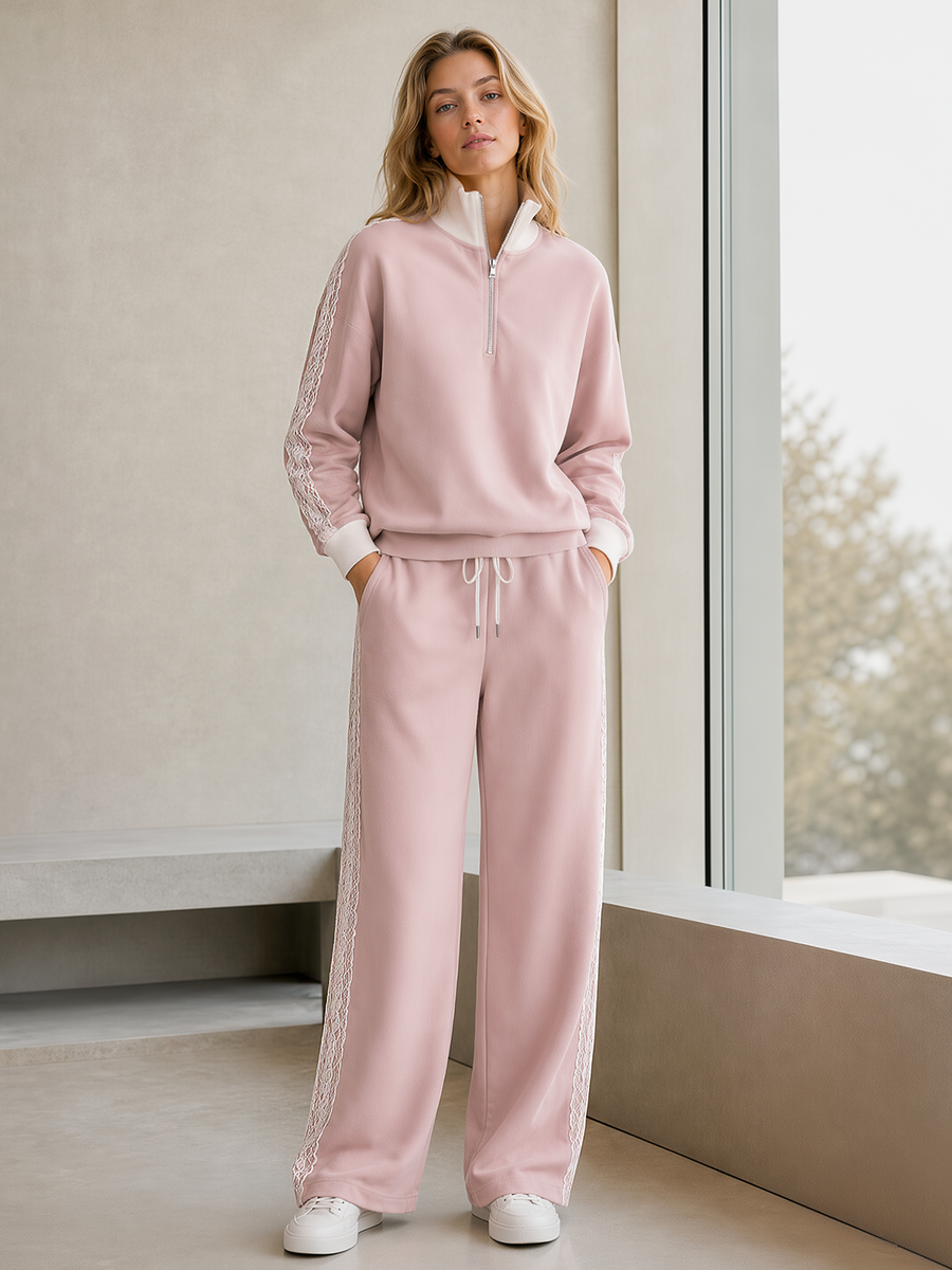Dusty Pink Color-block Lace-panel Top With Half-zip Stand Collar And Matching Trousers Set.