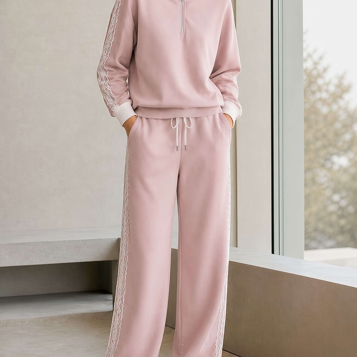 Dusty Pink Color-block Lace-panel Top With Half-zip Stand Collar And Matching Trousers Set.