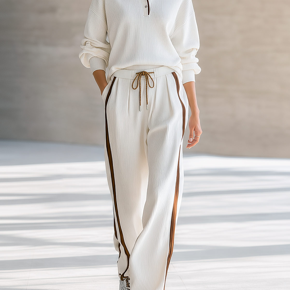 Off-white Ribbed Polo Top With Contrasting Collar And Side-stripe Wide-leg Trousers Set
