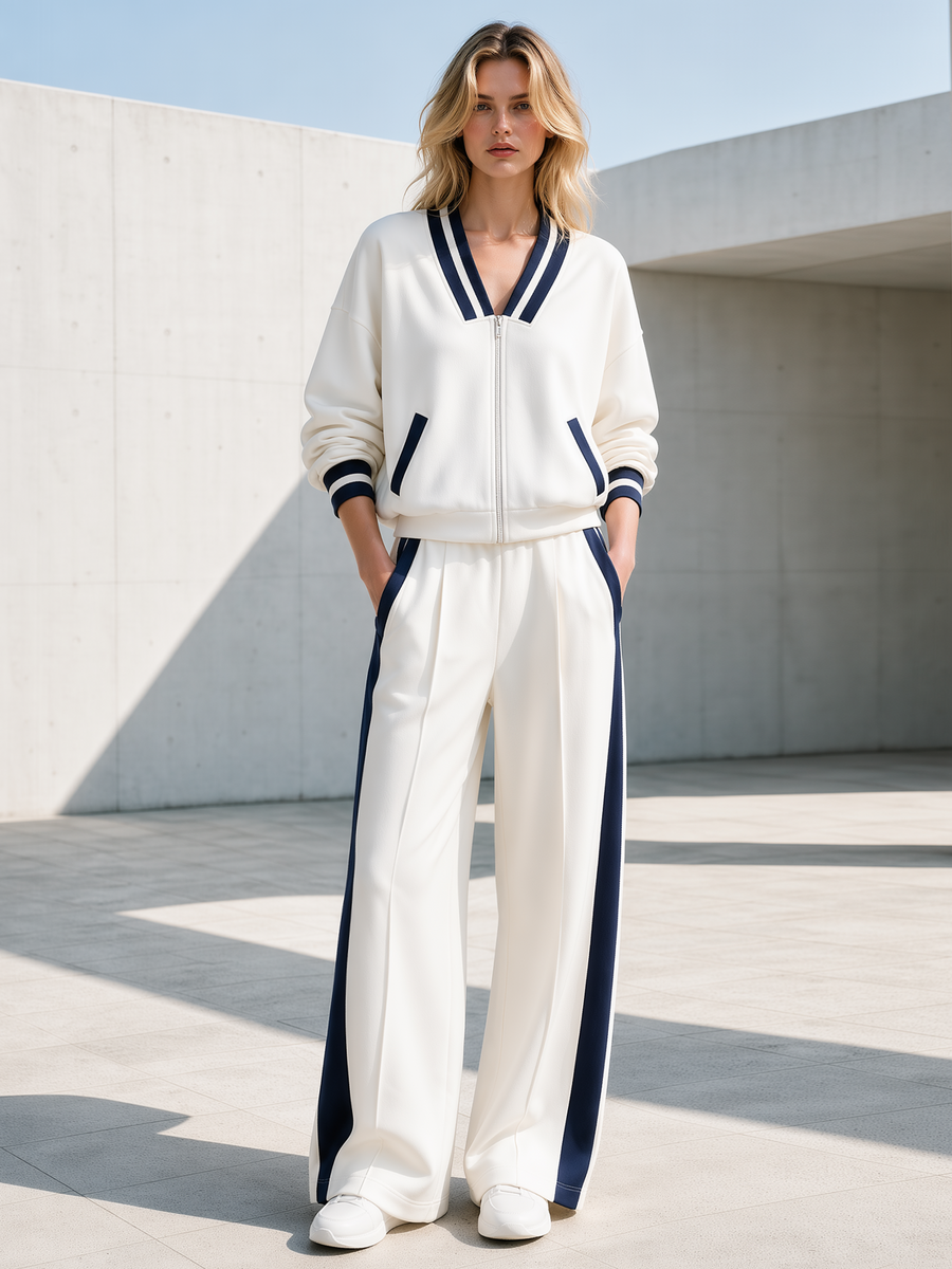 Off-white Color-block V-neck Jacket And Navy Wide-leg Trousers Set With Side Stripes