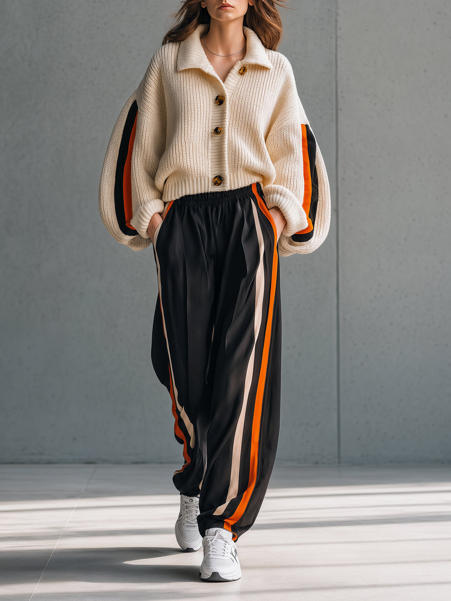 Cream Knit Cardigan & Black Side-Stripe Jogger Pants Set