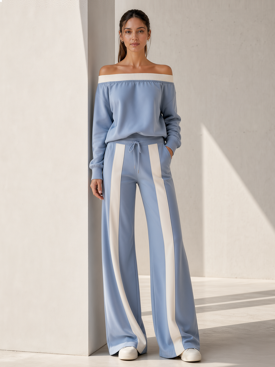 Light Blue Off‑Shoulder Long Sleeve Top Contrast Vertical Stripe Wide Leg Pants Set