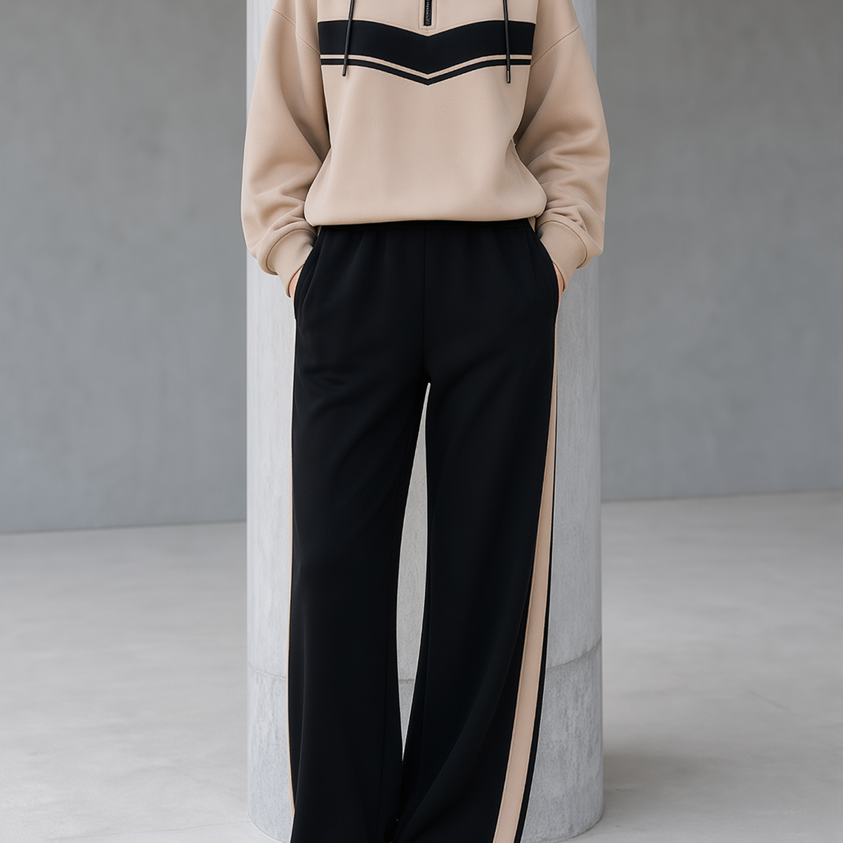 Khaki Color‑Block Half‑Zip Stand Collar Sweatshirt Side Stripe Black Wide Leg Pants Set