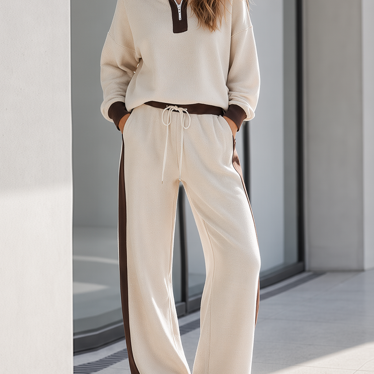 Oatmeal-colored Color-block Half-zip Mock-neck Top And Color-block Side-stripe Pants Set