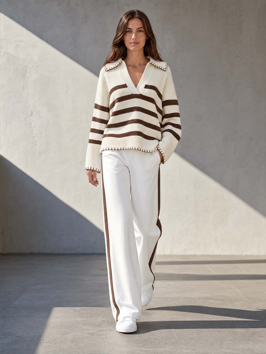 Off-white And Brown Striped V-neck Long-sleeve Sweater And Trousers Set