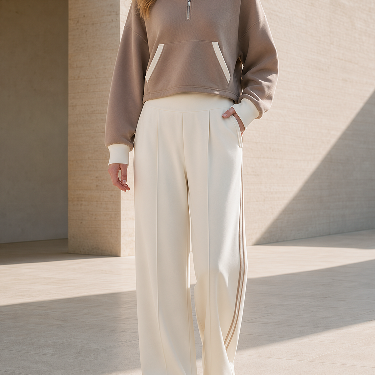 Khaki Cropped Half-zip Sweatshirt With Pockets And Off-white Wide-leg Pants Set