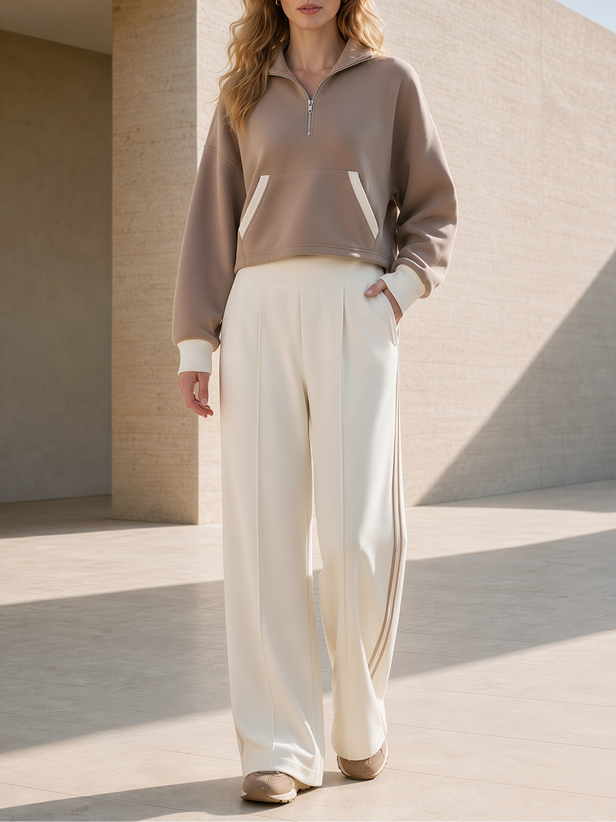 Khaki Cropped Half-zip Sweatshirt With Pockets And Off-white Wide-leg Pants Set