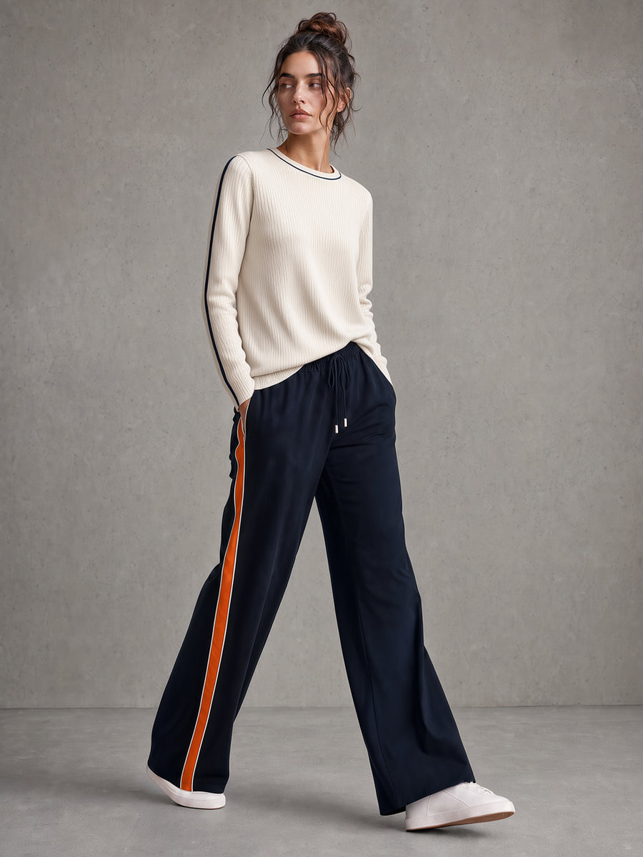 Cream Ribbed Crewneck Knit Top & Navy Orange Side‑Stripe Wide‑Leg Drawstring Pants Set